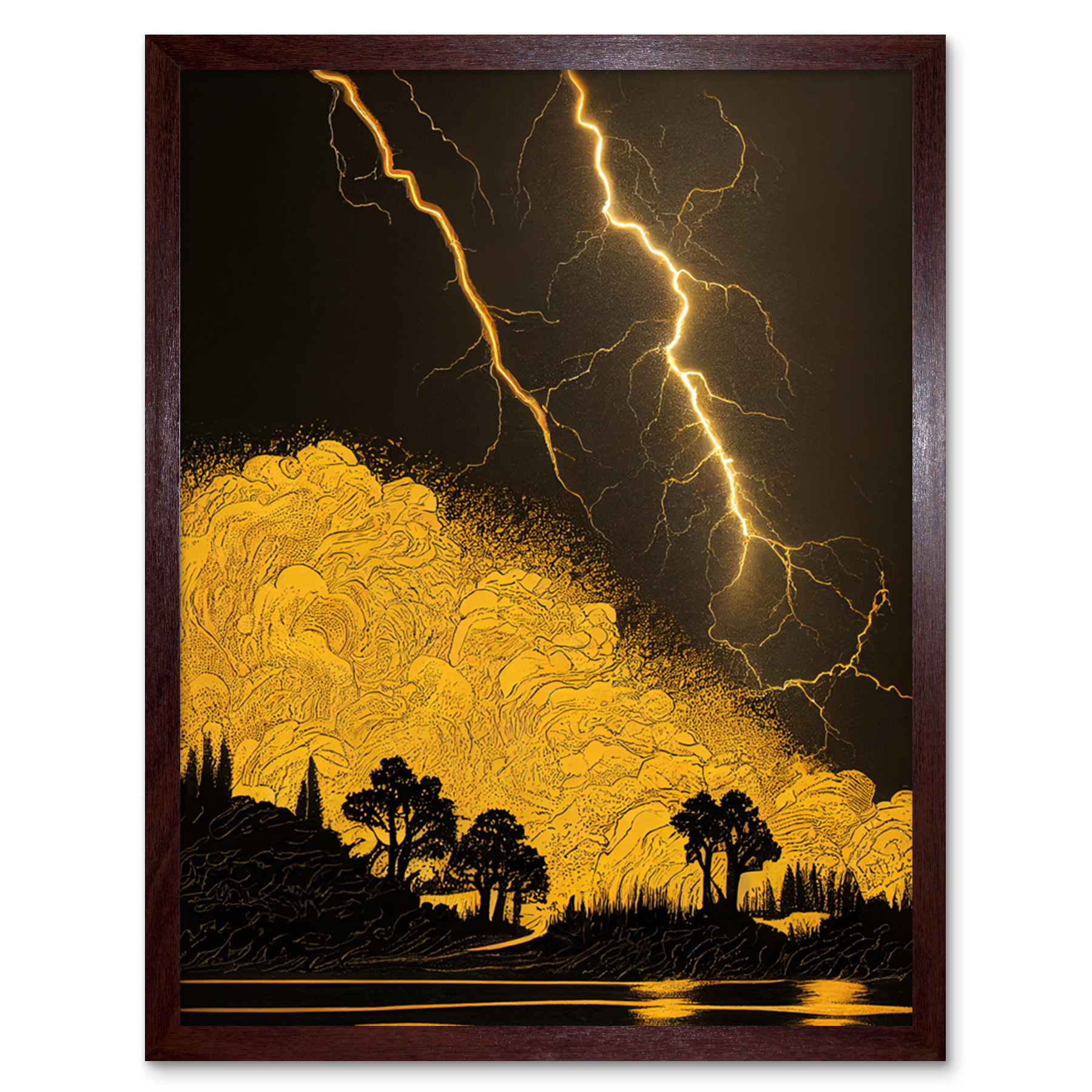 Gold Black Thunder Storm Lightning Lakeside Framed Wall Art Picture Print 9X7 In
