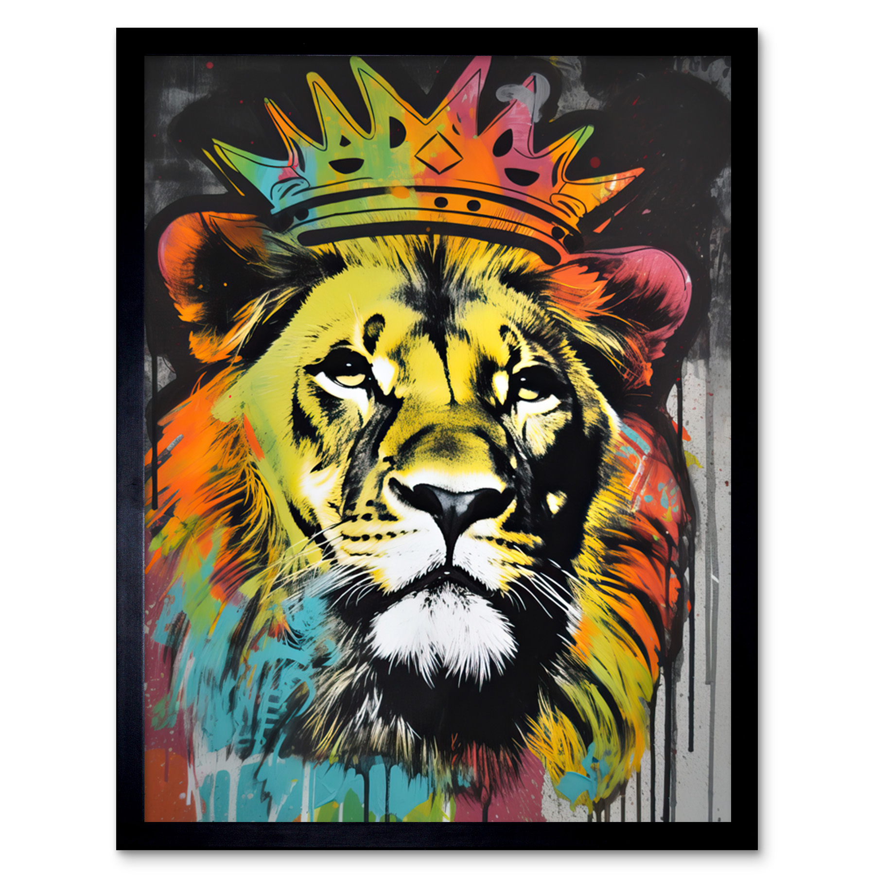 King Lion wearing Crown Modern Stencil Graffiti Framed Art Picture Print 9X7 In - Bild 2 von 25