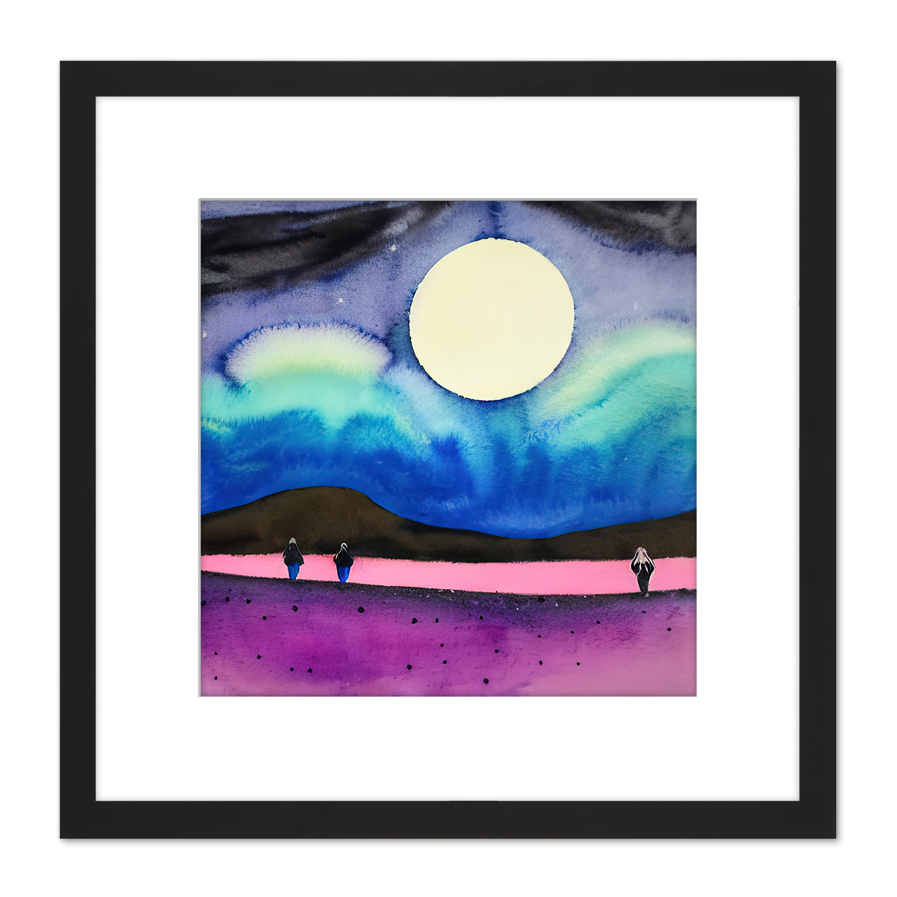 Modern Watercolour Night Harvest Moon Square Framed Wall Art Print 8X8 In