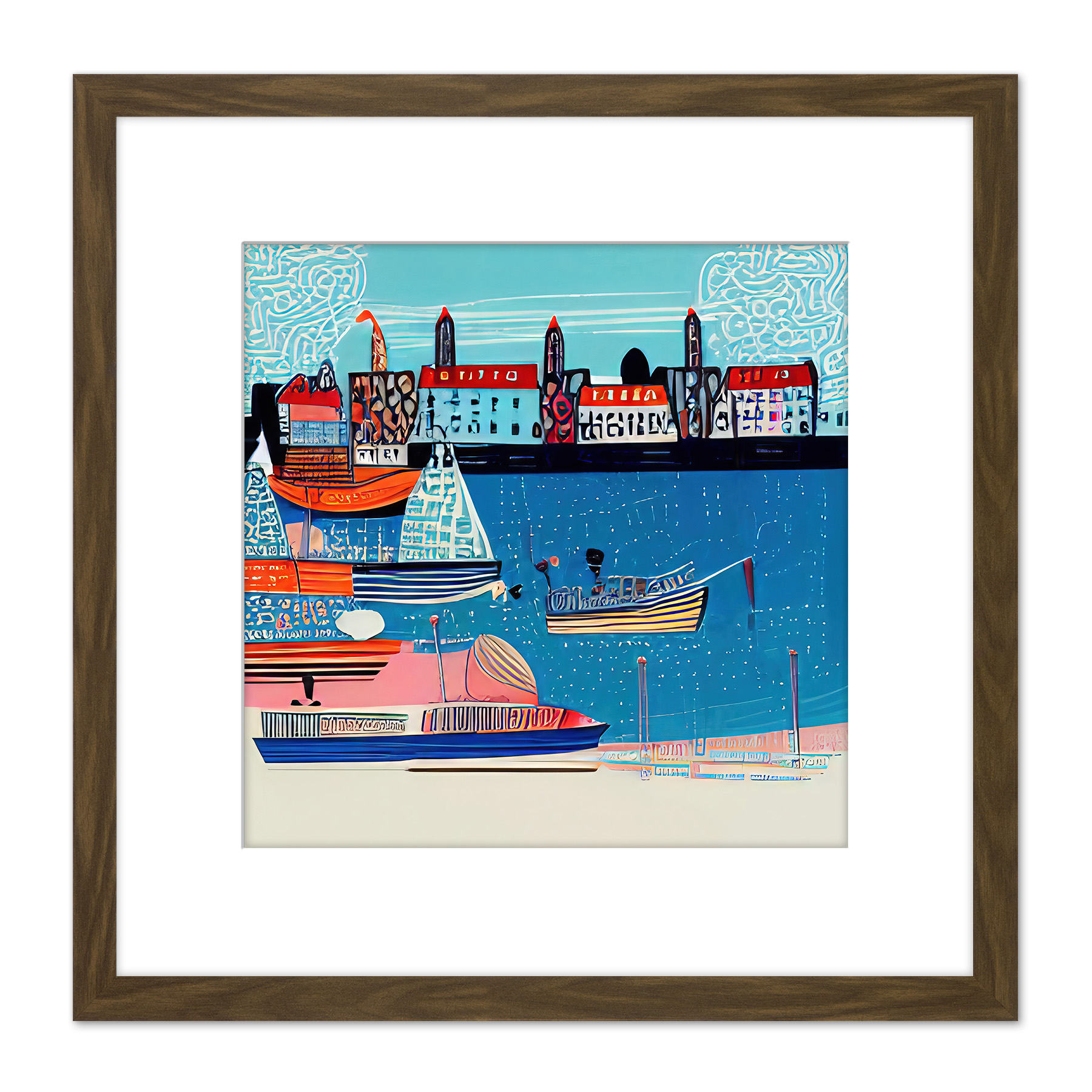 Fishing Village Summer Harbour Folk Art Square Framed Wall Art Print 8X8 In
