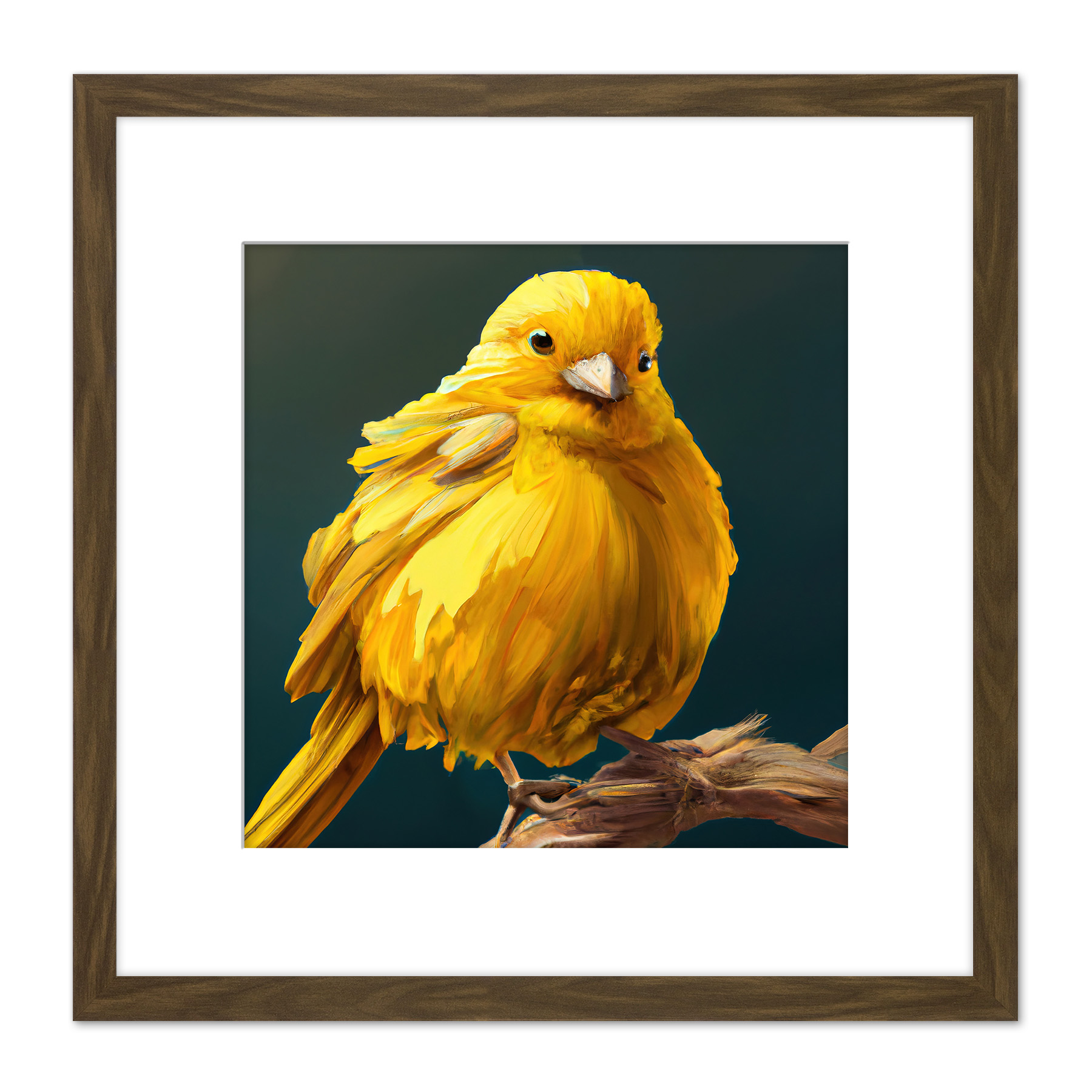 Bright Canary Bird Perched on Branch Oil Square Framed Wall Art Print 8X8 In