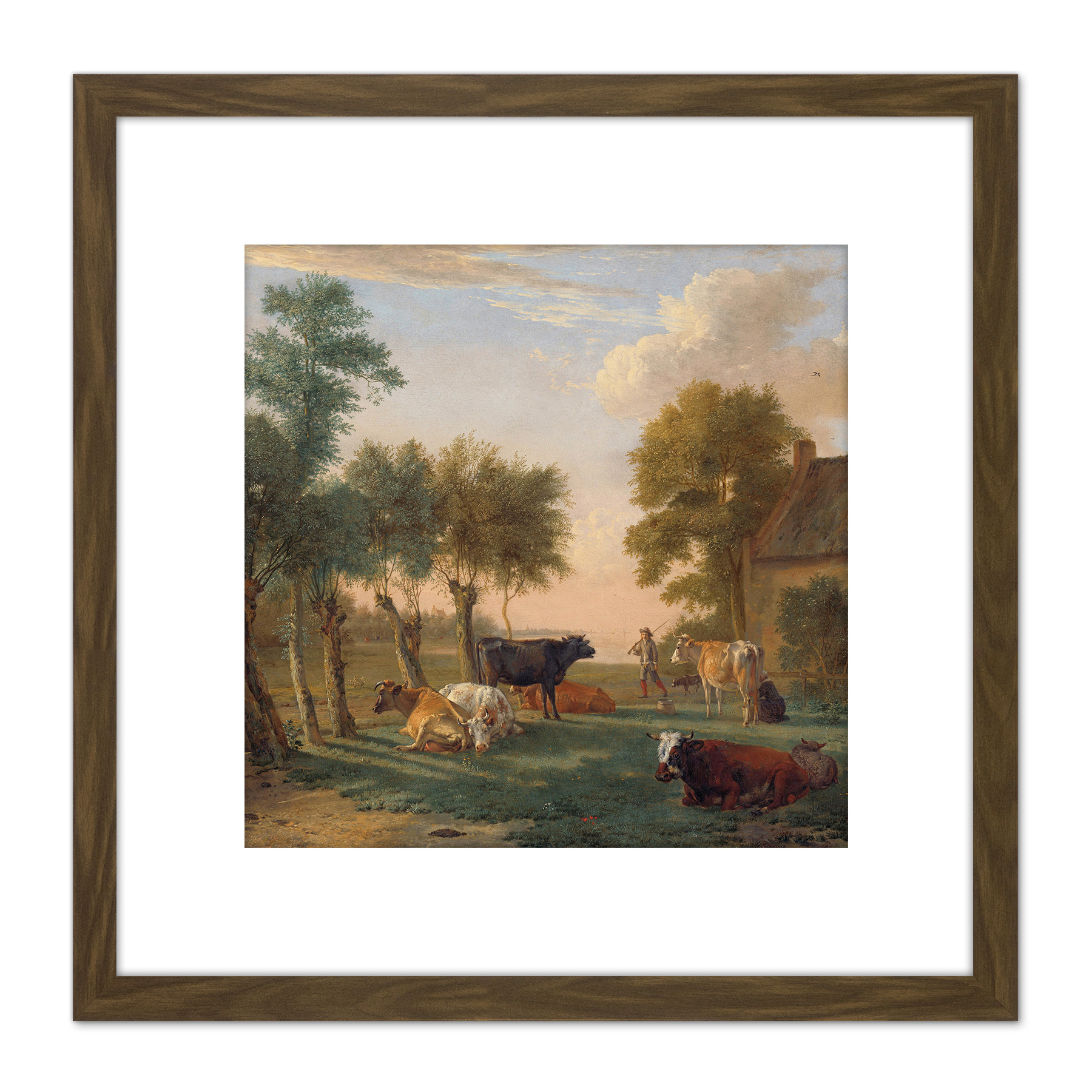 Paul Gabriel Cows In A Meadow Near A Farm Painting Square Framed Wall Art 8X8 In