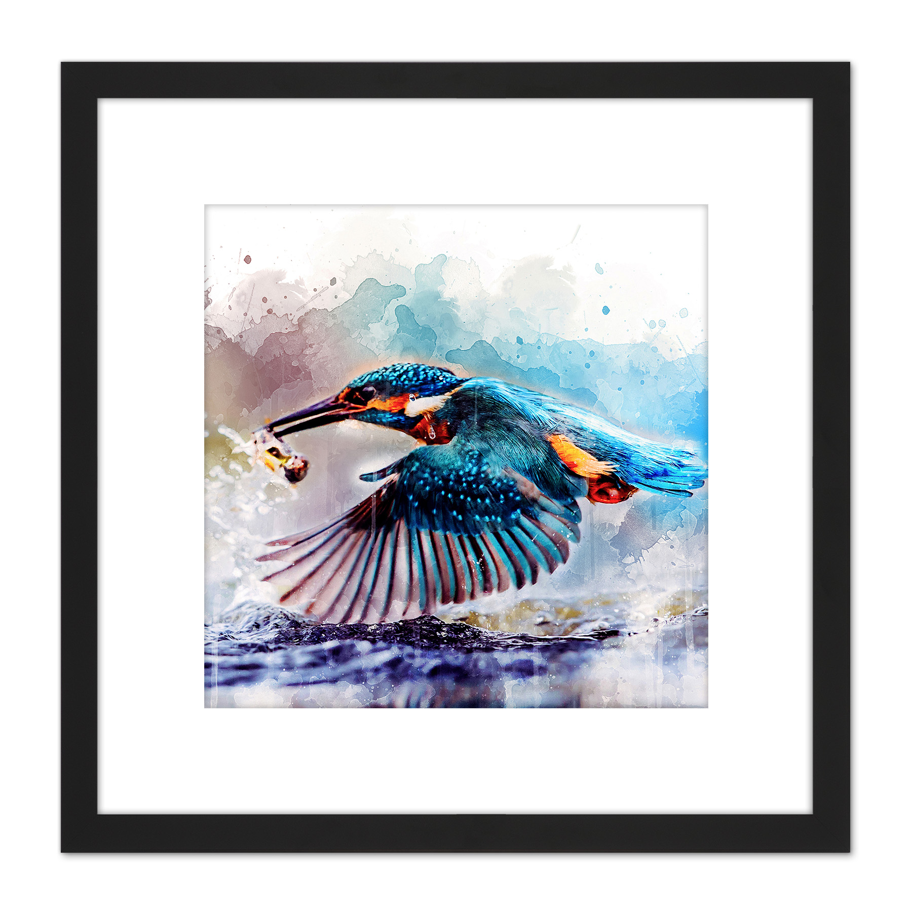 Watercolour Filter Kingfisher Bird River Photo Square Framed Wall Art 8X8 In