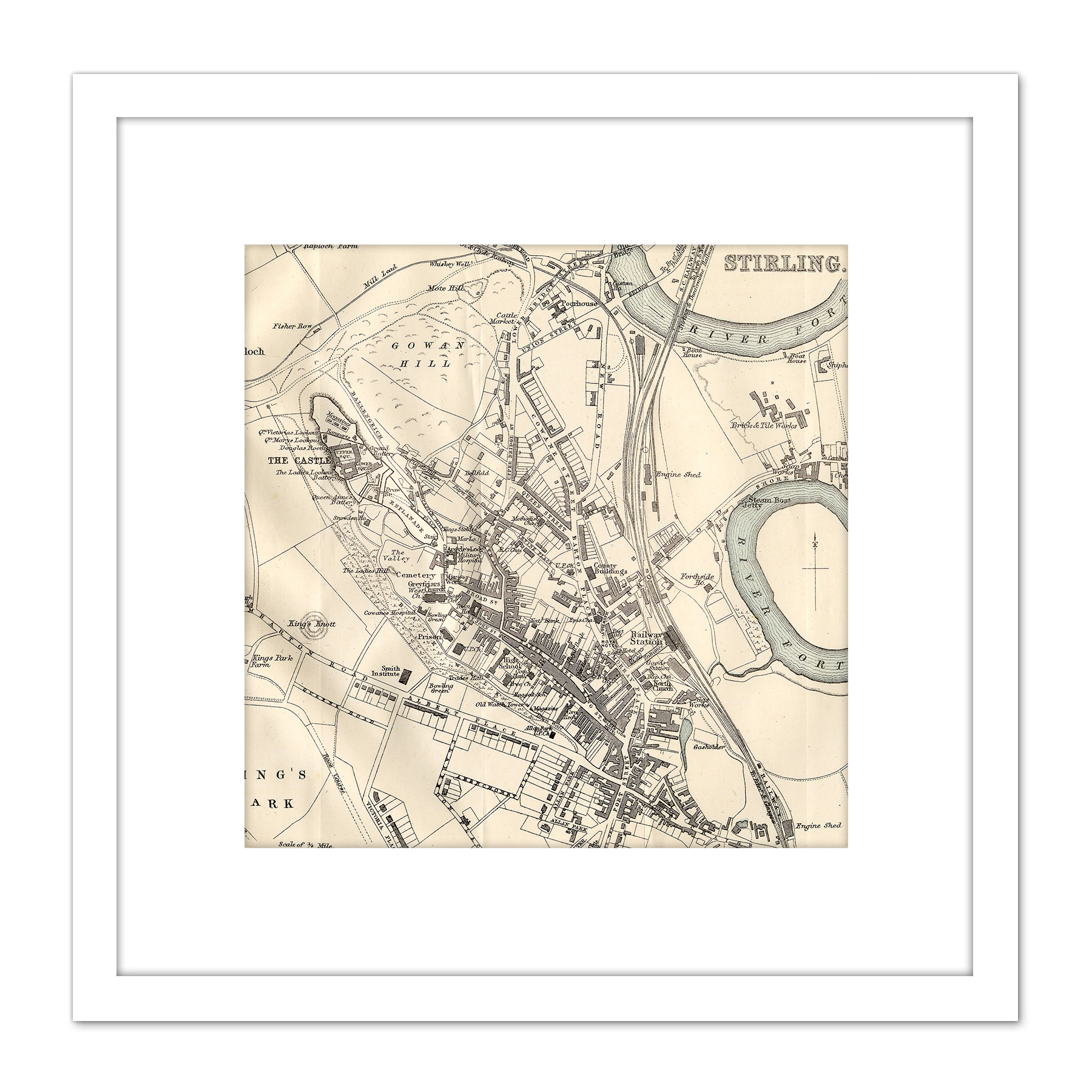 Map 1888 Bartholemew Stirling City Scotland Plan Square Framed Wall Art 8X8 In