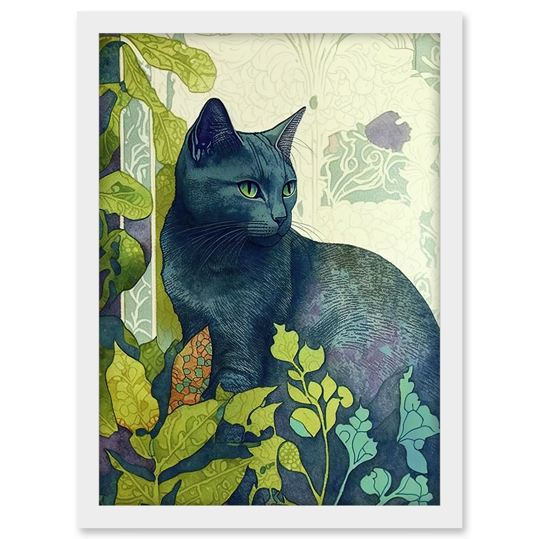 Russian Blue Cat Bright Modern Art Nouveau Framed Wall Art Picture Print A3