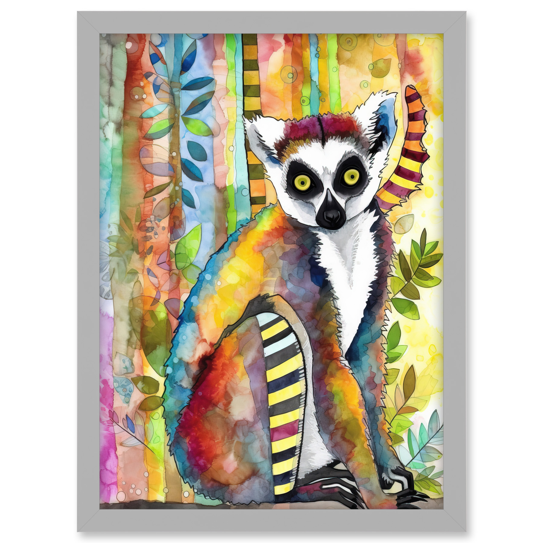 Lemur Vibrant Portrait Modern Folk Art Watercolour Framed Art Picture Print A3