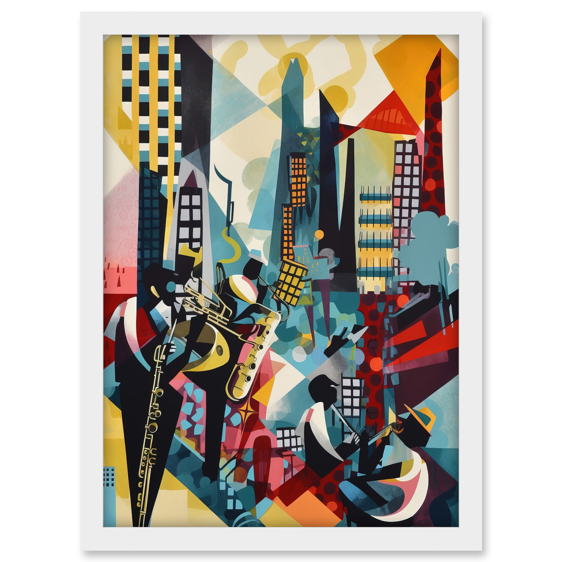Jazz Musicians Urban Landscape Rooftop Abstract Framed Wall Art