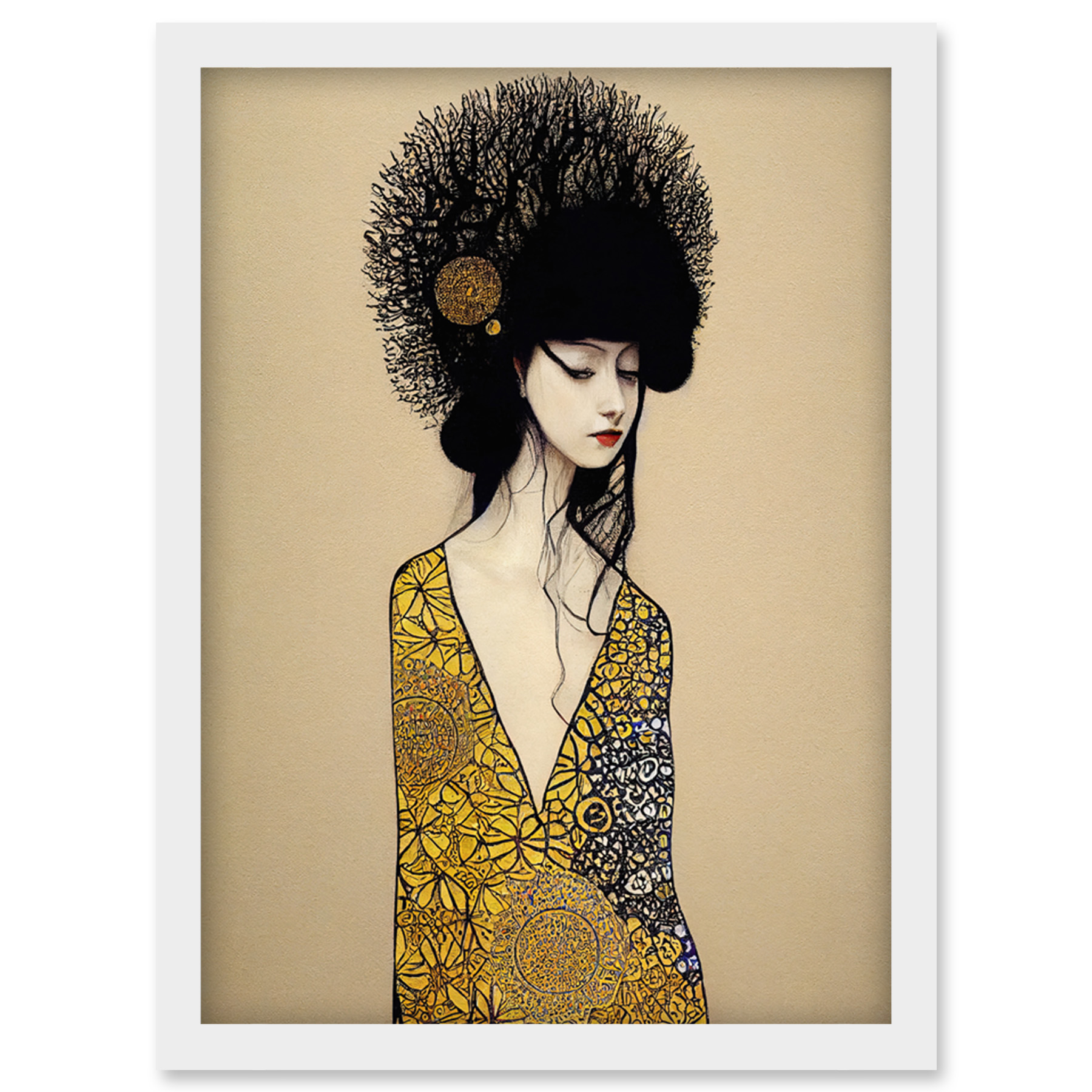 Gold Geisha Girl Abstract Elegant Painting Framed Wall Art Picture Print A4