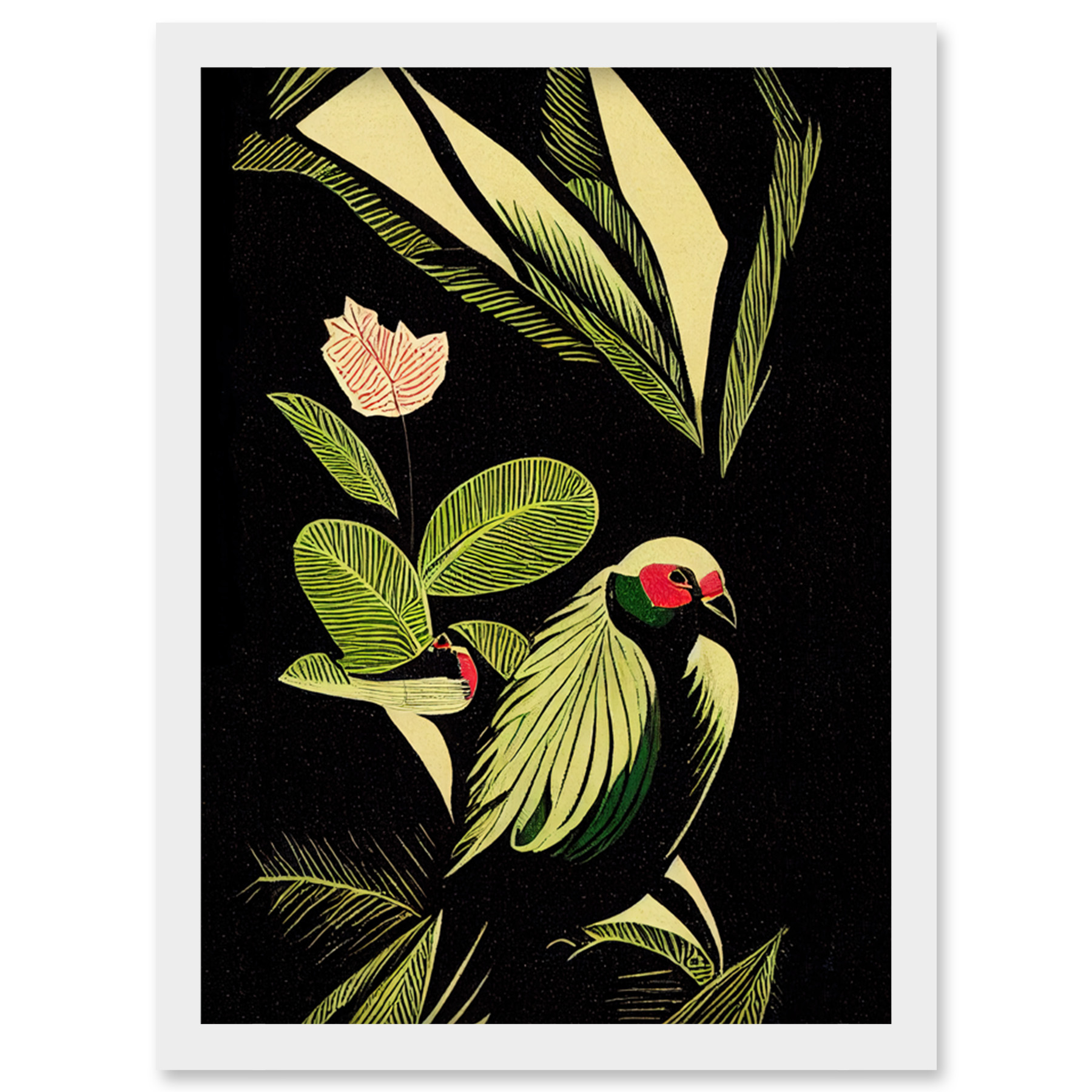 Green Black Tropical Plant Leaves Bird Framed Wall Art Picture Print A4