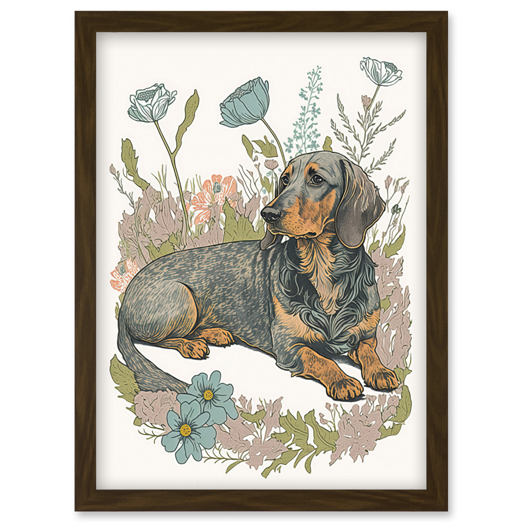 Dachshund Dog in Flower Field Watercolour Framed Wall Art Picture Print A4