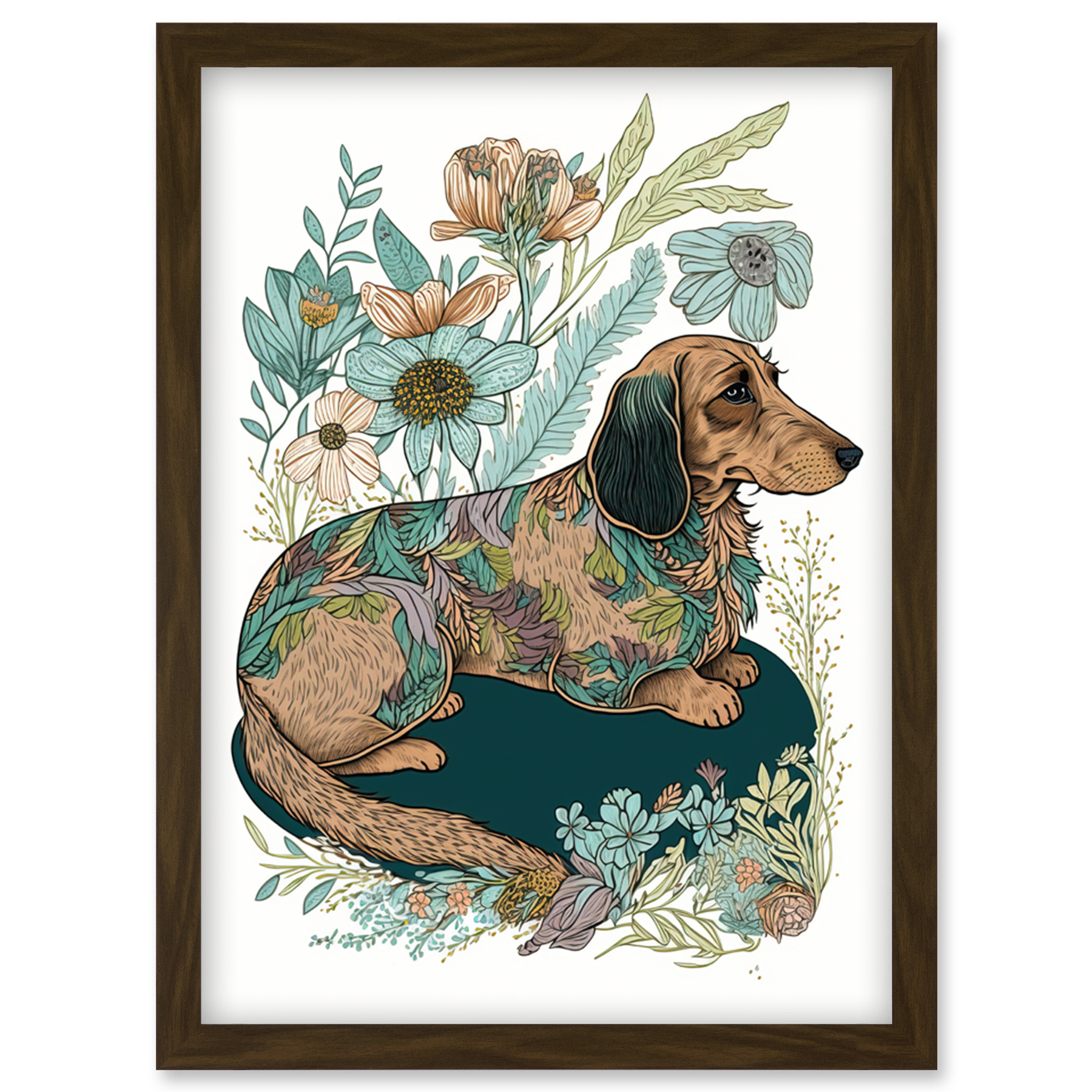 Multicoloured Dachshund Dog Spring Flowers Framed Wall Art Picture Print A4