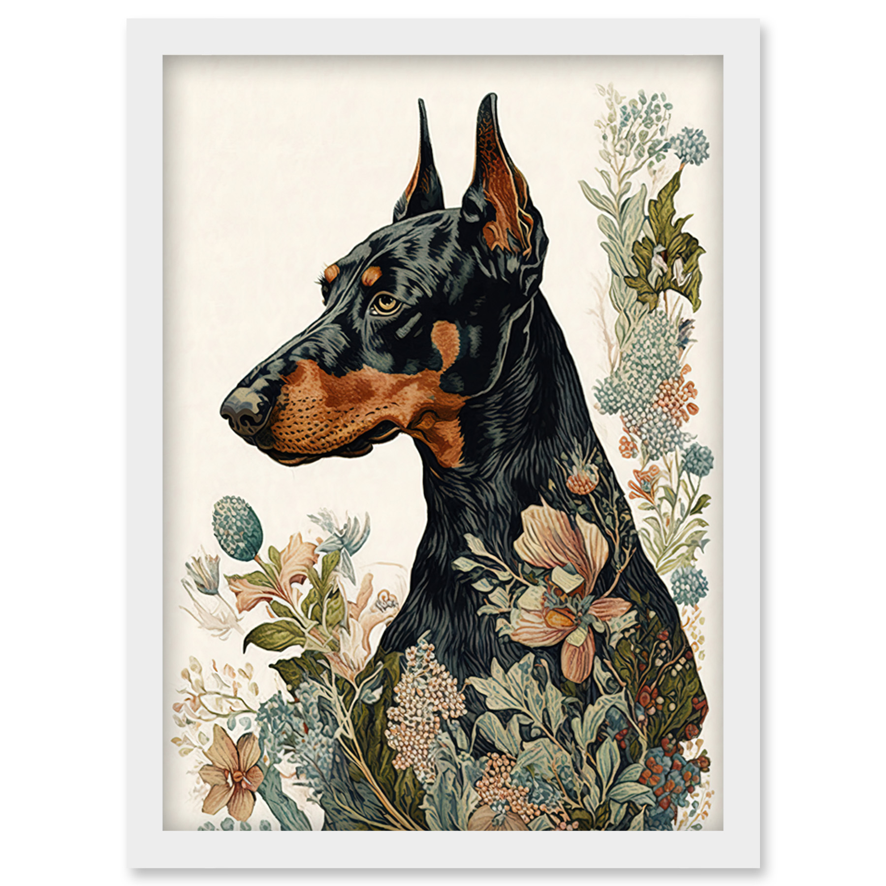 Doberman Dog Wildflowers Boho Watercolour Framed Wall Art Picture Print A4