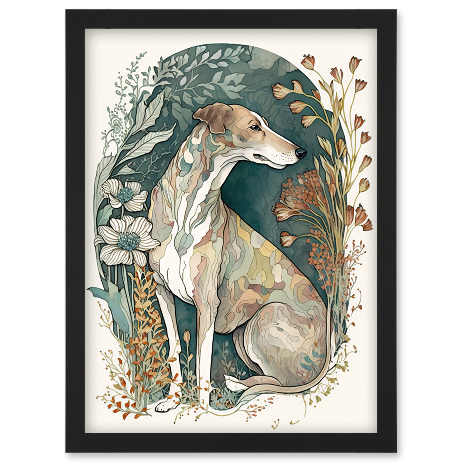 Greyhound Dog Flower Field Boho Watercolour Framed Wall Art Picture Print A4