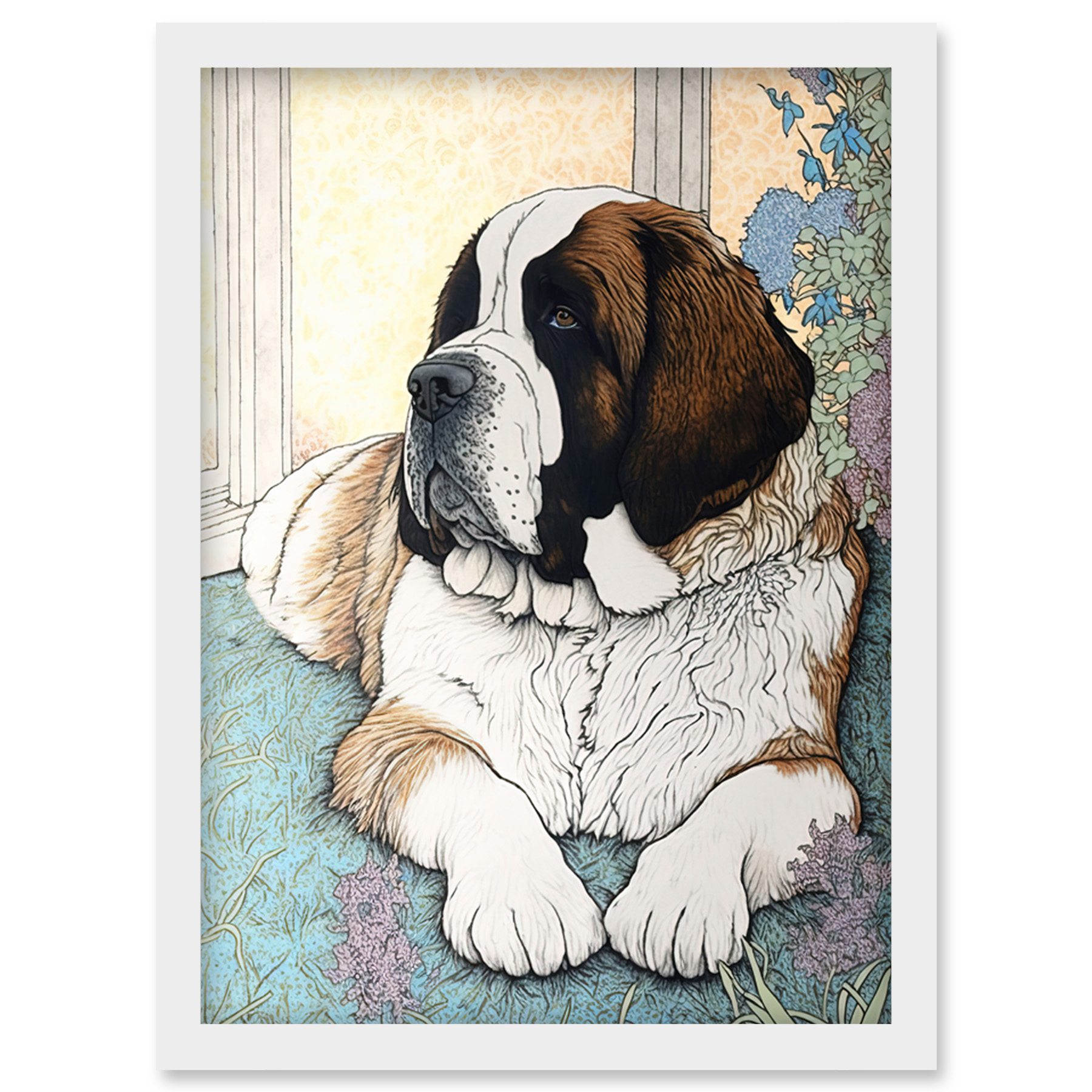 St Bernard Dog Modern Bright Multicoloured Framed Wall Art Picture Print A4