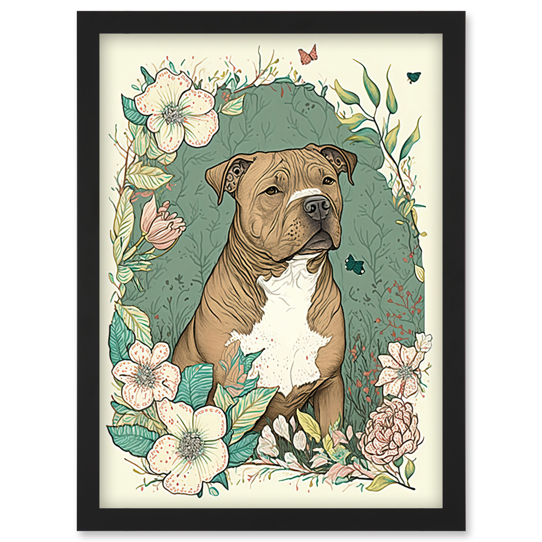 Brown Staffordshire Bull Terrier Flowers Framed Wall Art Picture Print A4