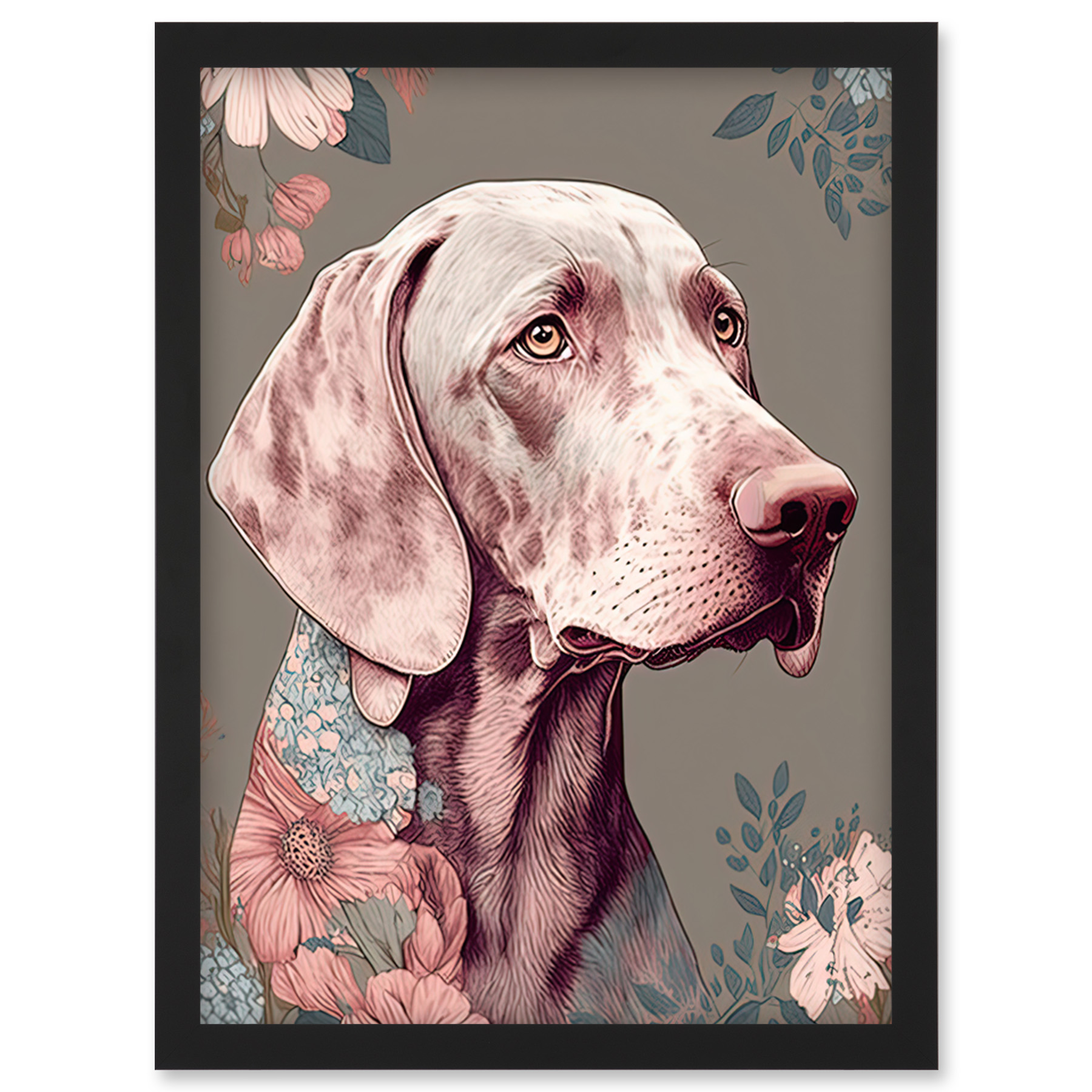 Weimaraner Dog Portrait with Flower Pattern Framed Wall Art Picture Print A4