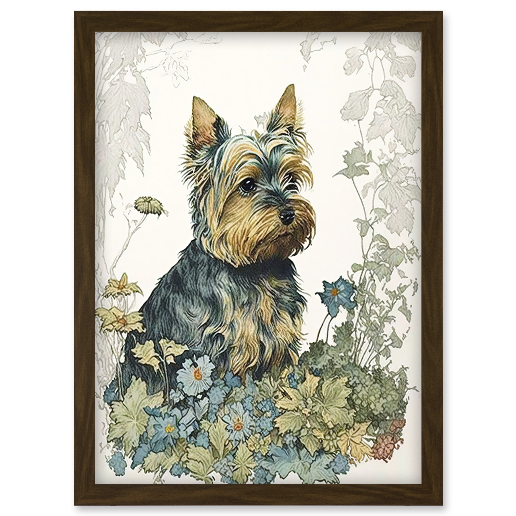 Yorkshire Terrier Dog Flowers Watercolour Framed Wall Art Picture Print A4