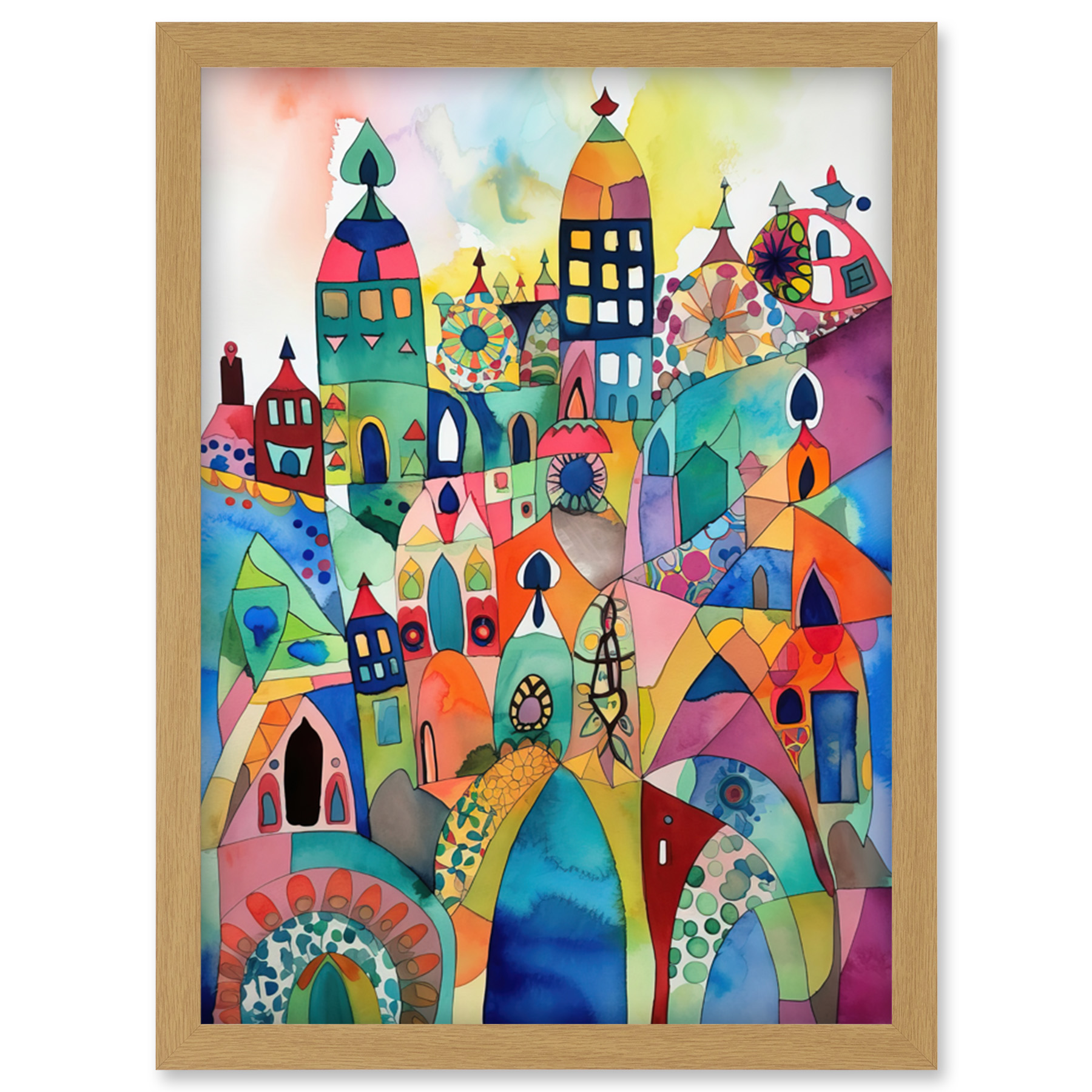 Cityscape Modern Abstract Folk Art Watercolour Framed Wall Art Picture Print A4