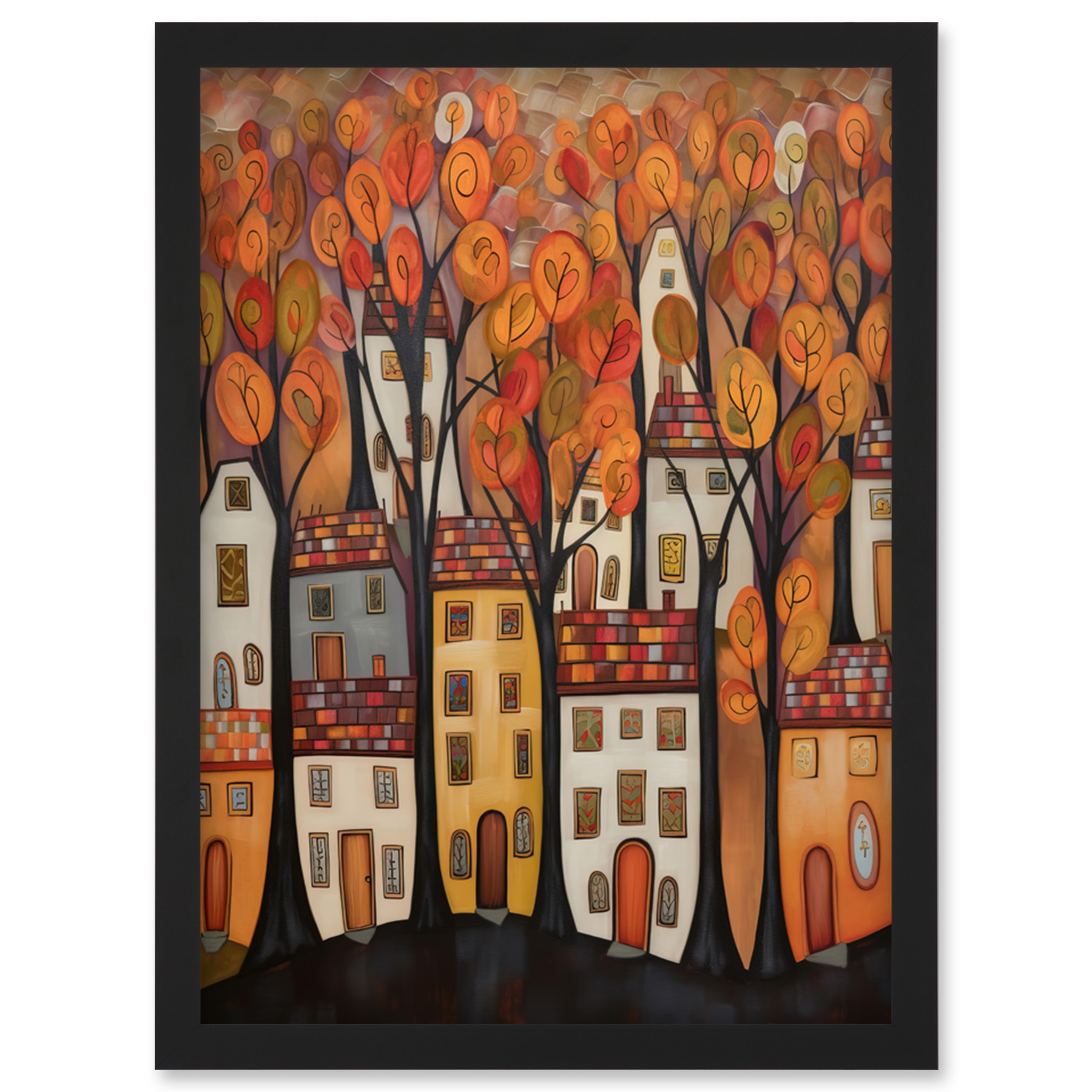 Cityscape With Trees Autumn Contemporary Folk Art Framed Art Picture Print A4
