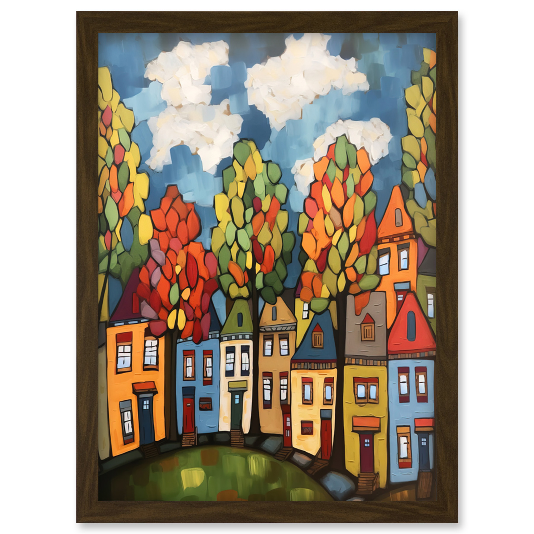 Multicoloured Houses Autumn Trees Folk Art Framed Wall Art Picture Print A4