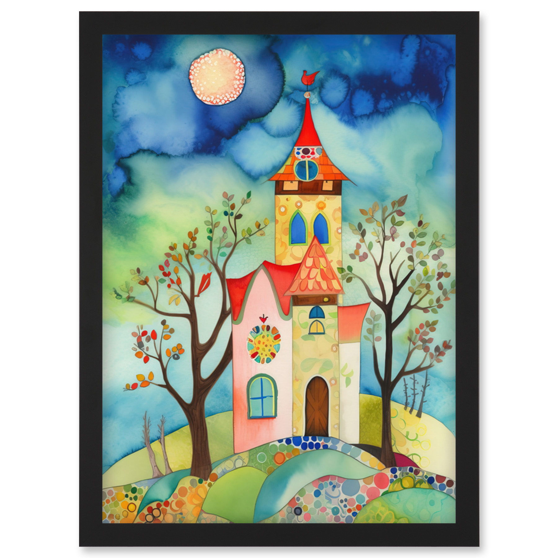 Countryside Chapel Modern Folk Art Watercolour Framed Wall Art Picture Print A4