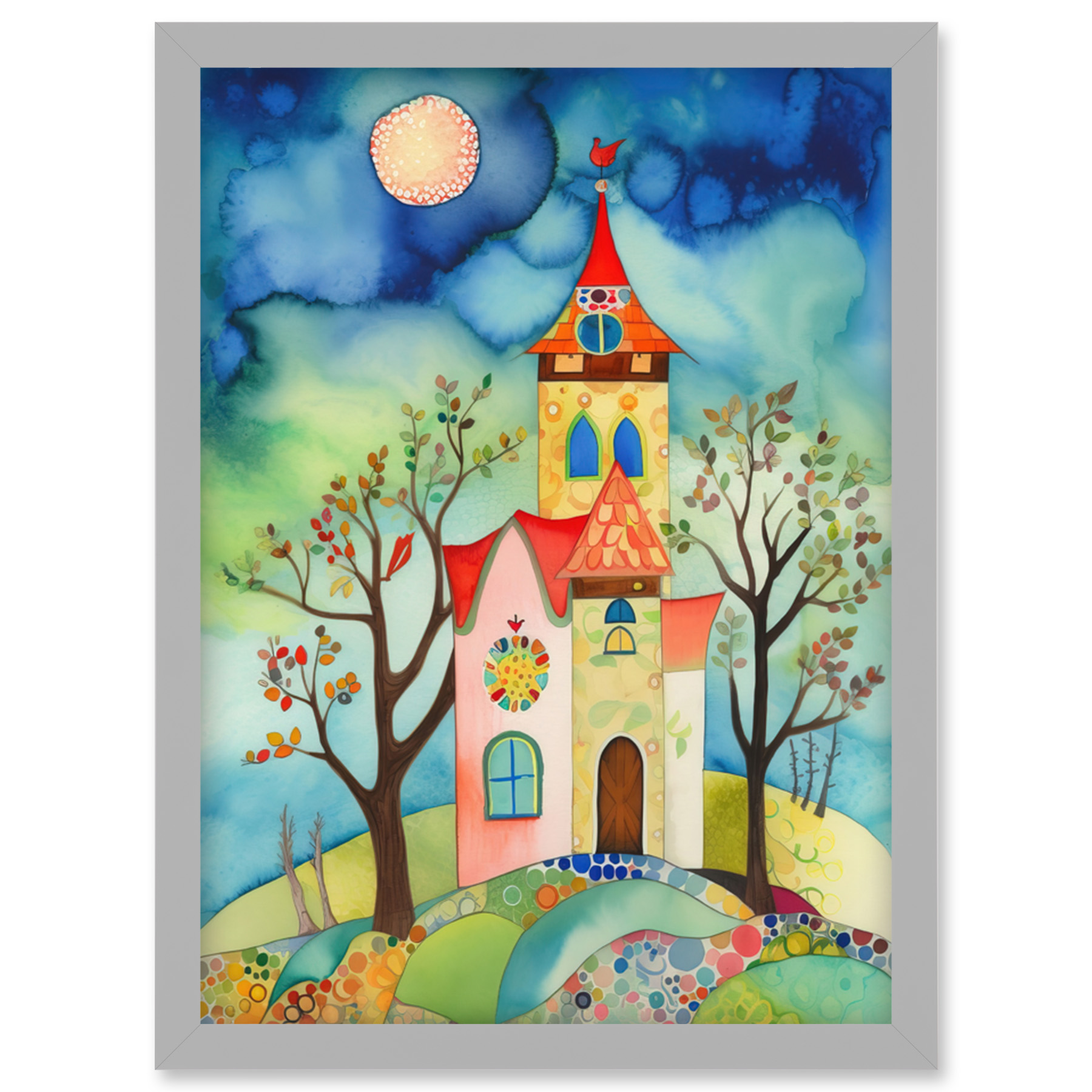 Countryside Chapel Modern Folk Art Watercolour Framed Wall Art Picture Print A4