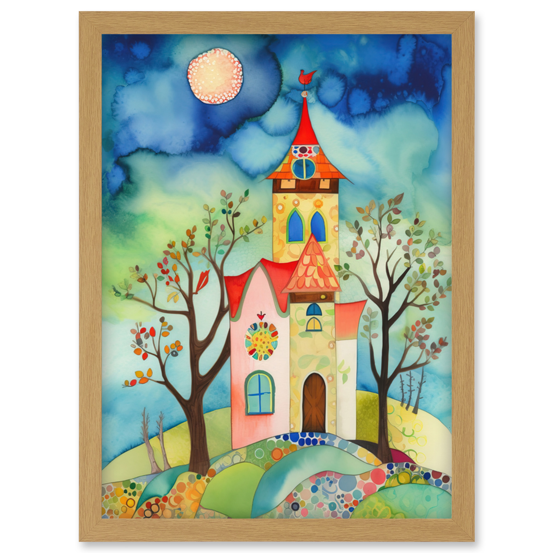 Countryside Chapel Modern Folk Art Watercolour Framed Wall Art Picture Print A4