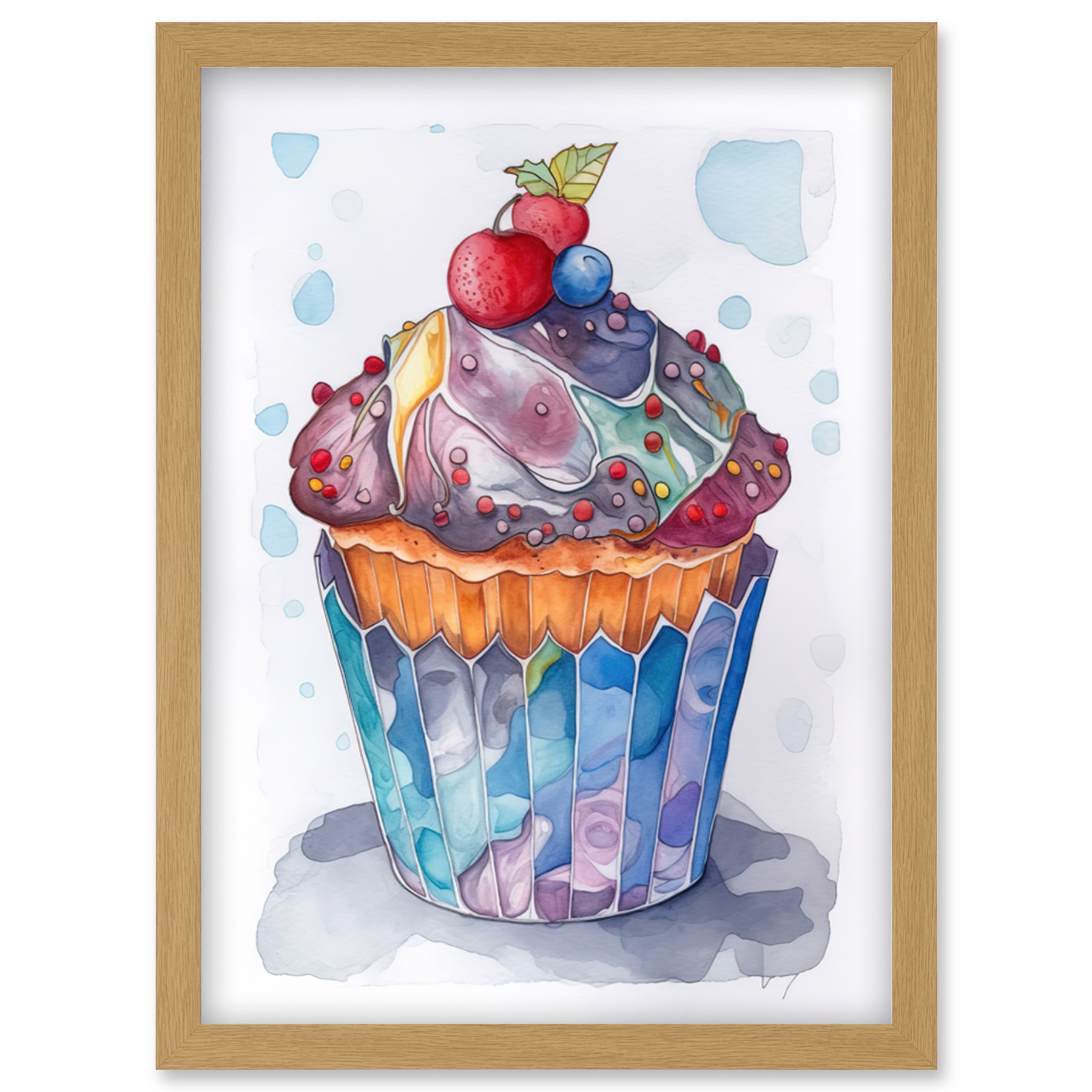 Cupcake Icing Fruit Modern Folk Art Watercolour Framed Wall Art Picture Print A4