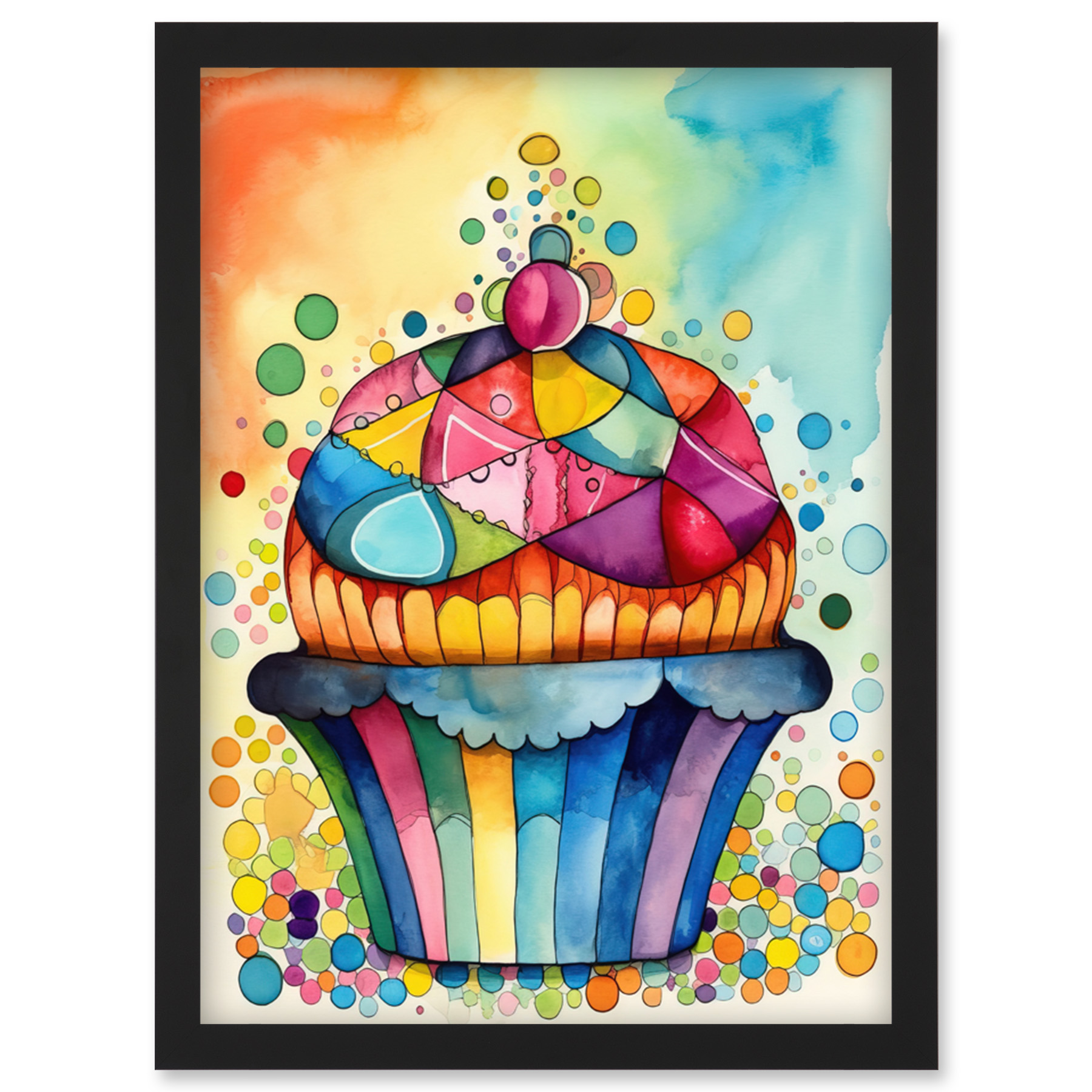Cupcake Colourful Frosting Modern Watercolour Framed Wall Art Picture Print A4
