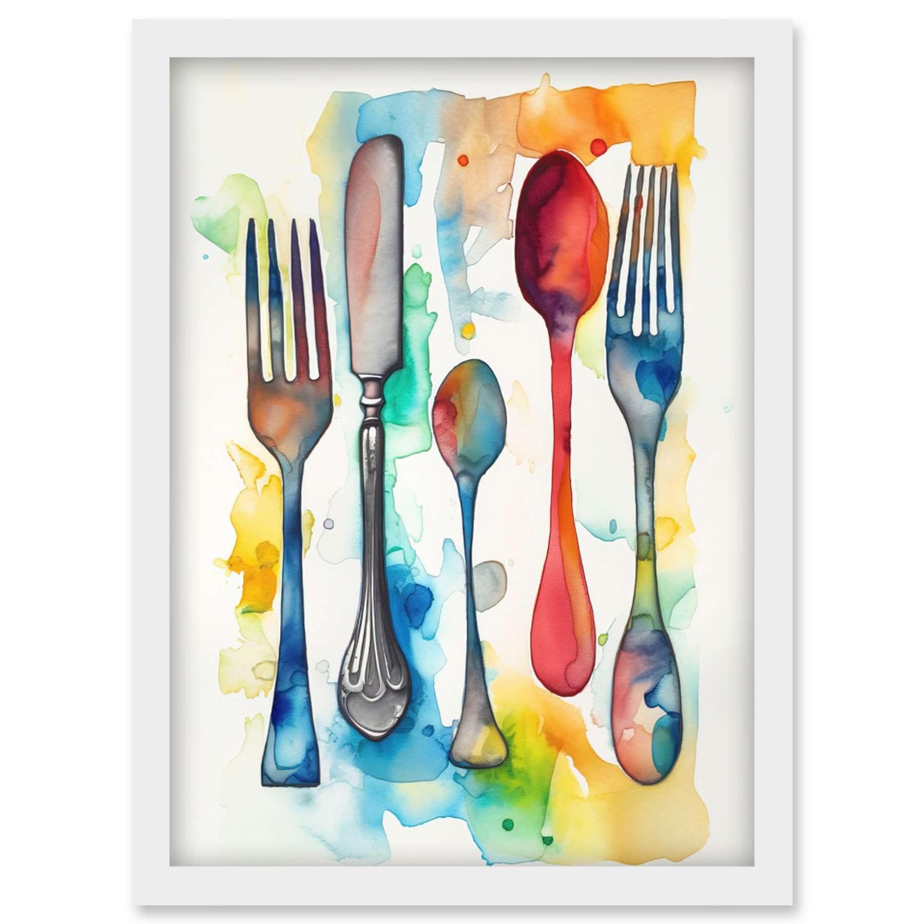 Cutlery Forks Spoons And Knife Modern Watercolour Framed Art Picture Print A4