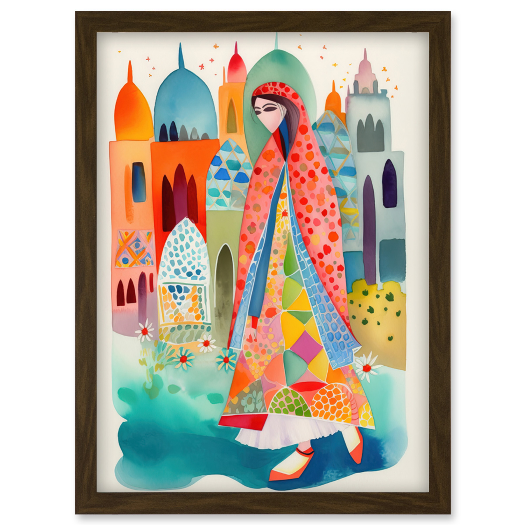 Hijab Muslim Woman Buildings Modern Folk Art Framed Wall Art Picture Print A4