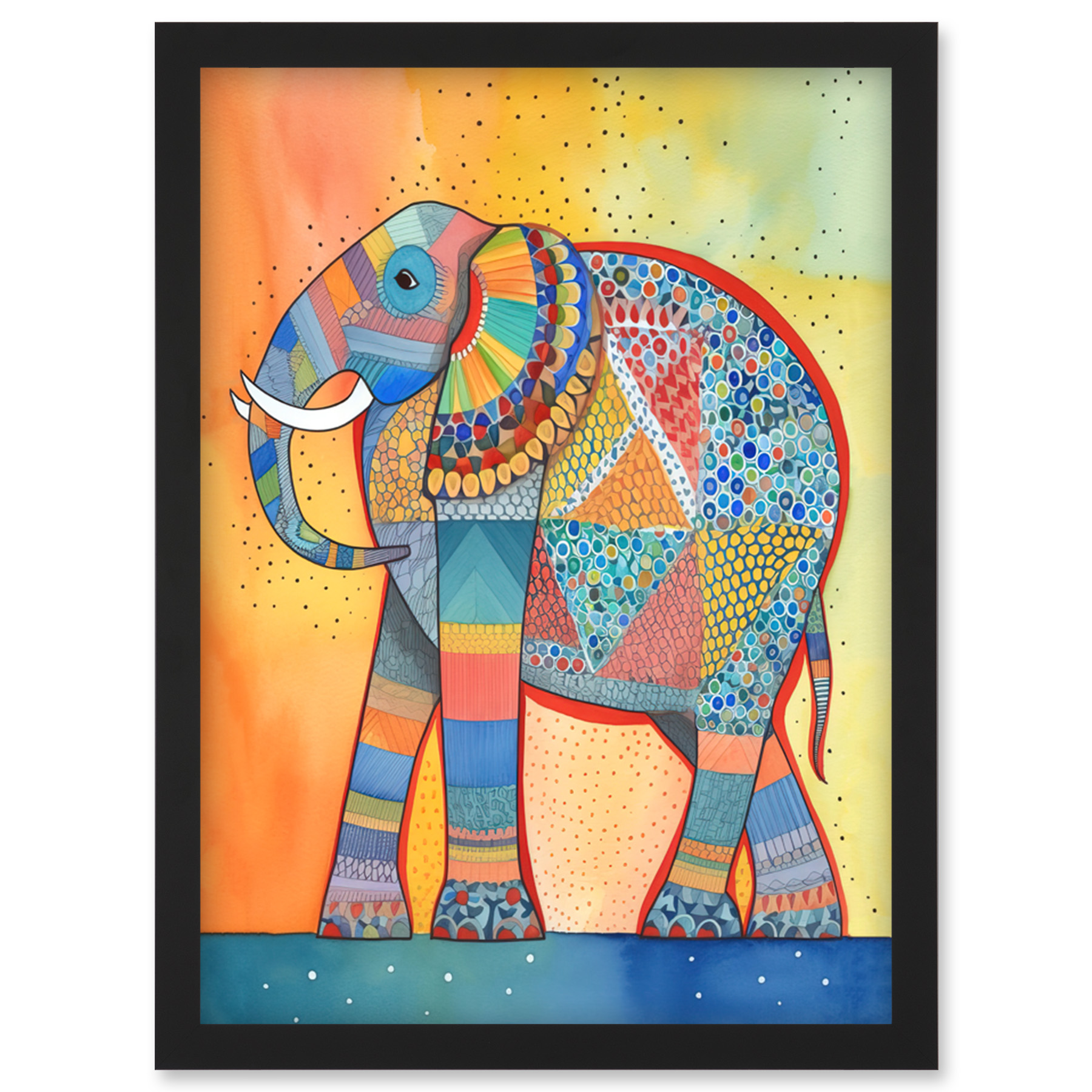 Elephant With Geometric Patterns Modern Folk Art Framed Art Picture Print A4