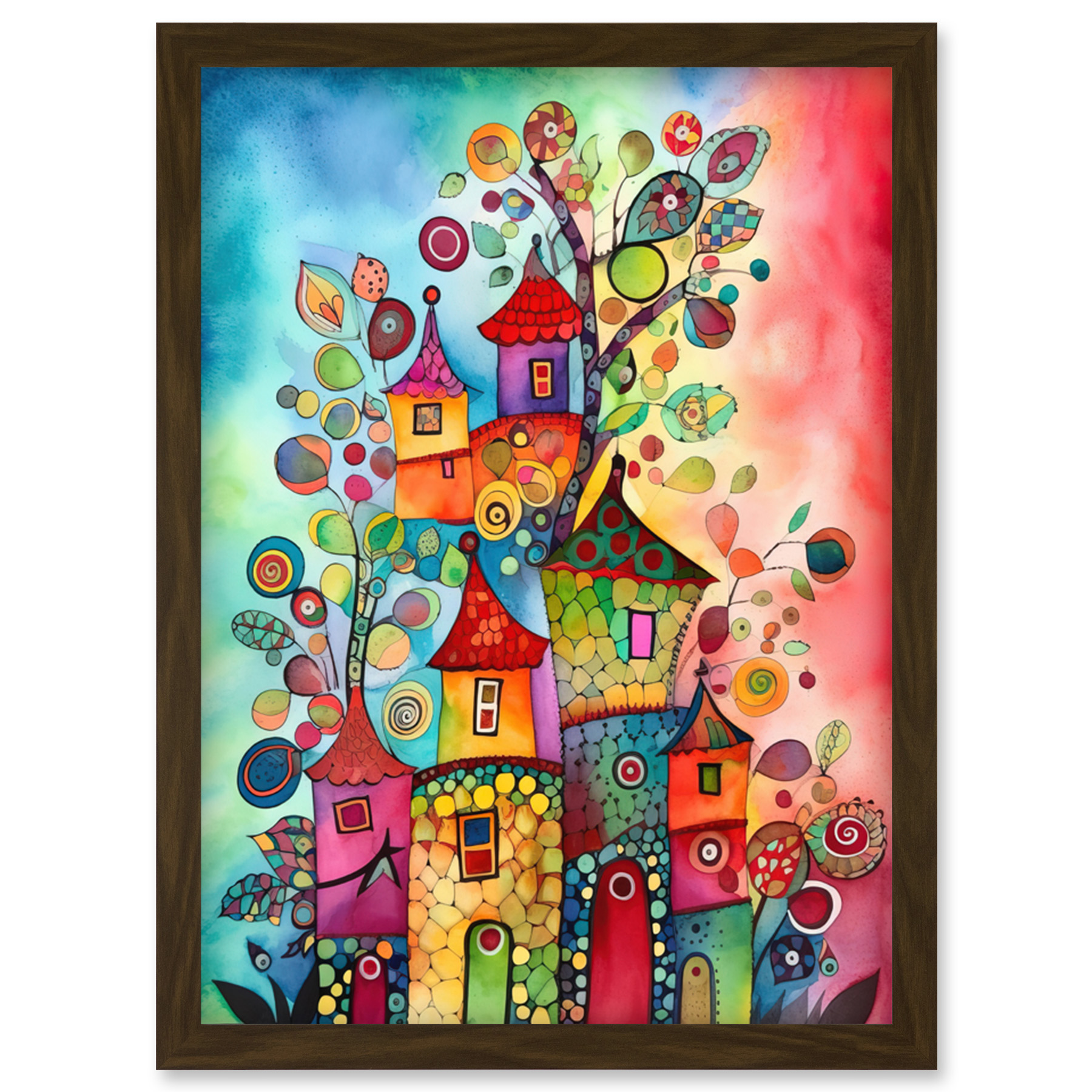 Country Houses Modern Concept Folk Art Watercolour Framed Art Picture Print A4