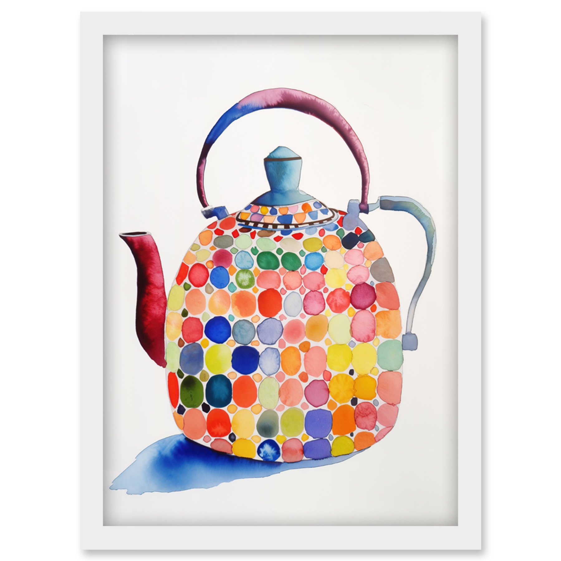 Colourful Enamelled Tea Kettle Modern Folk Art Framed Wall Art Picture Print A4