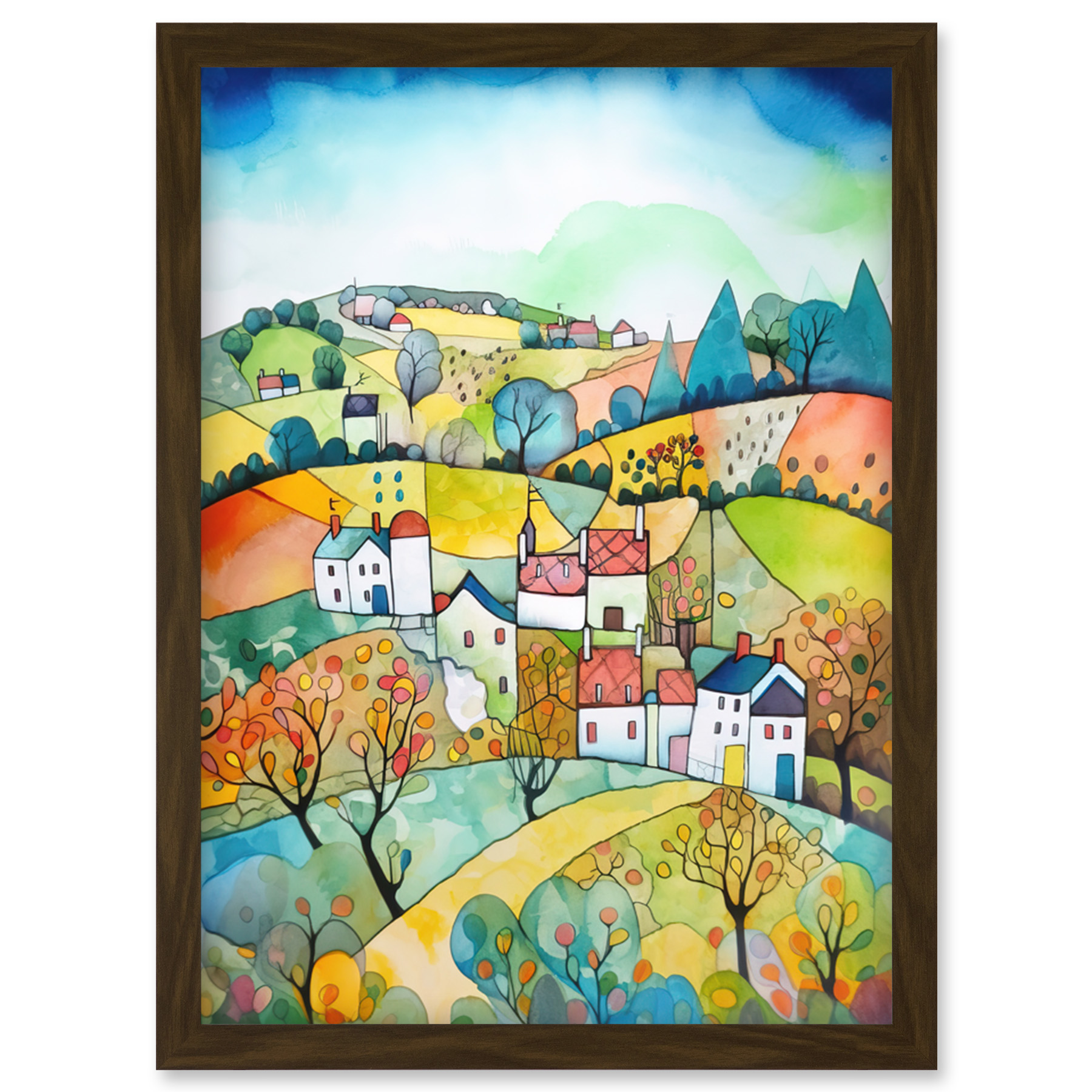 English Country Rural Landscape Modern Folk Art Framed Wall Art Picture Print A4