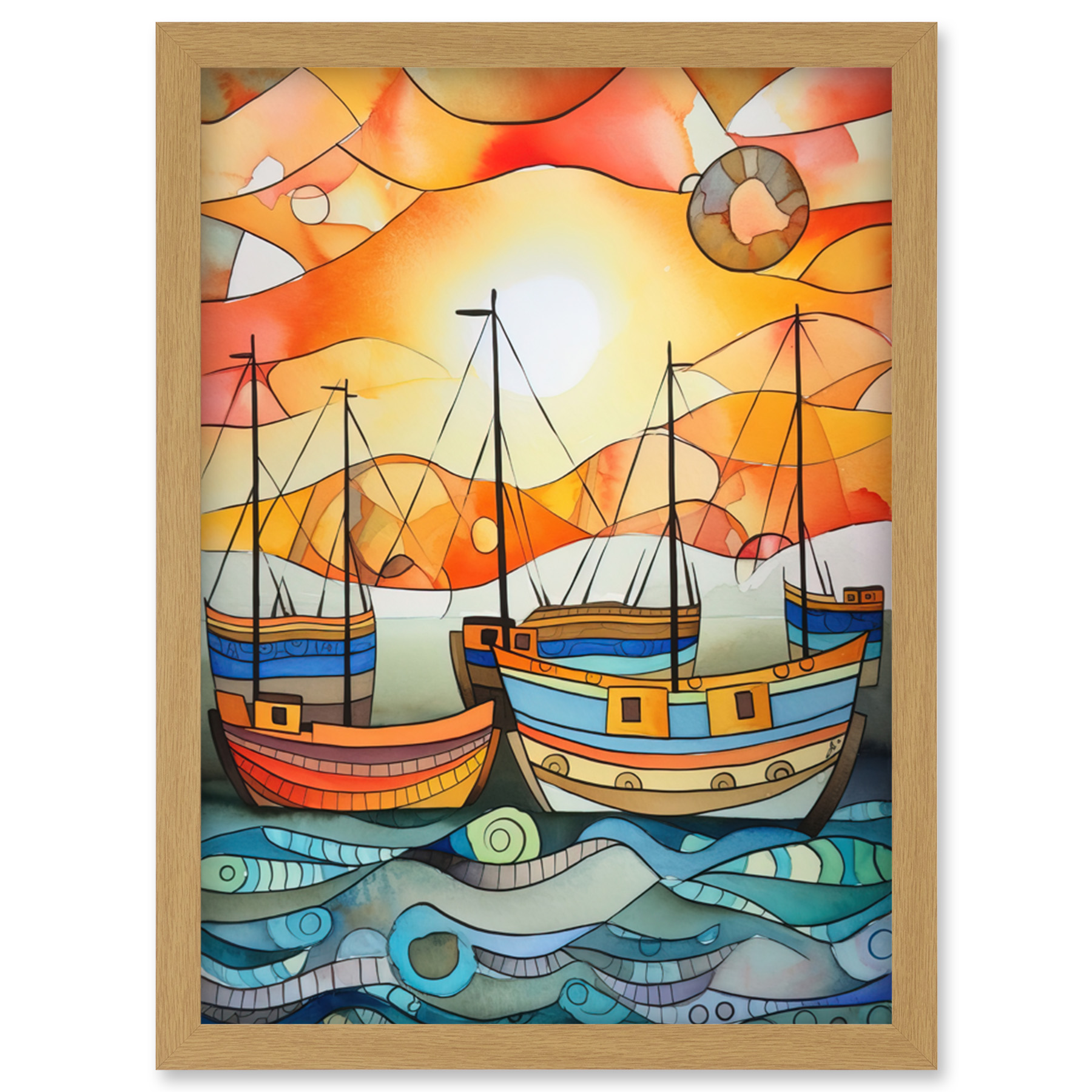 Fishing Boats Sunrise Modern Folk Art Watercolour Framed Art Picture Print A4