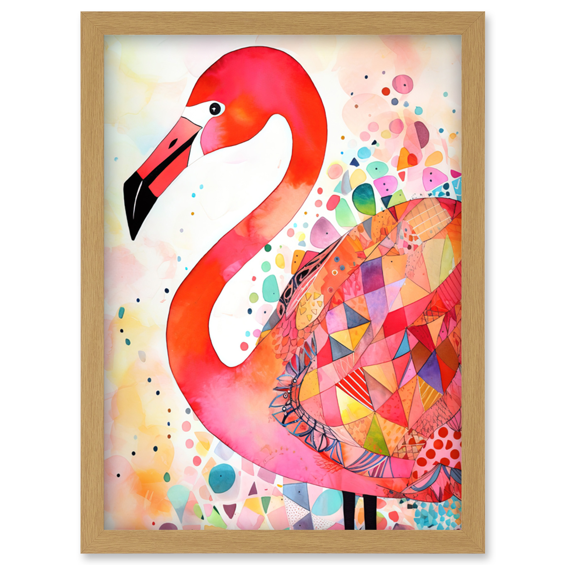 Flamingo Bird With Patterns Modern Folk Art Framed Wall Art Picture Print A4