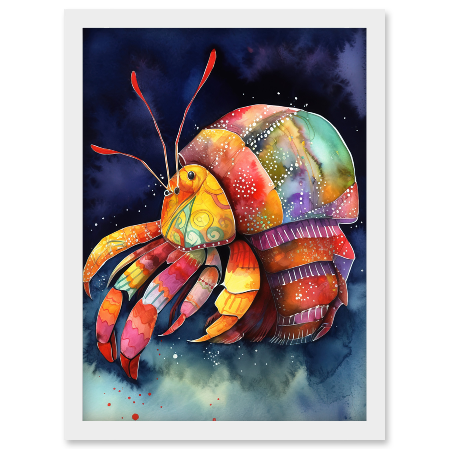 Hermit Crab Vibrant Modern Folk Art Watercolour Framed Wall Art Picture Print A4