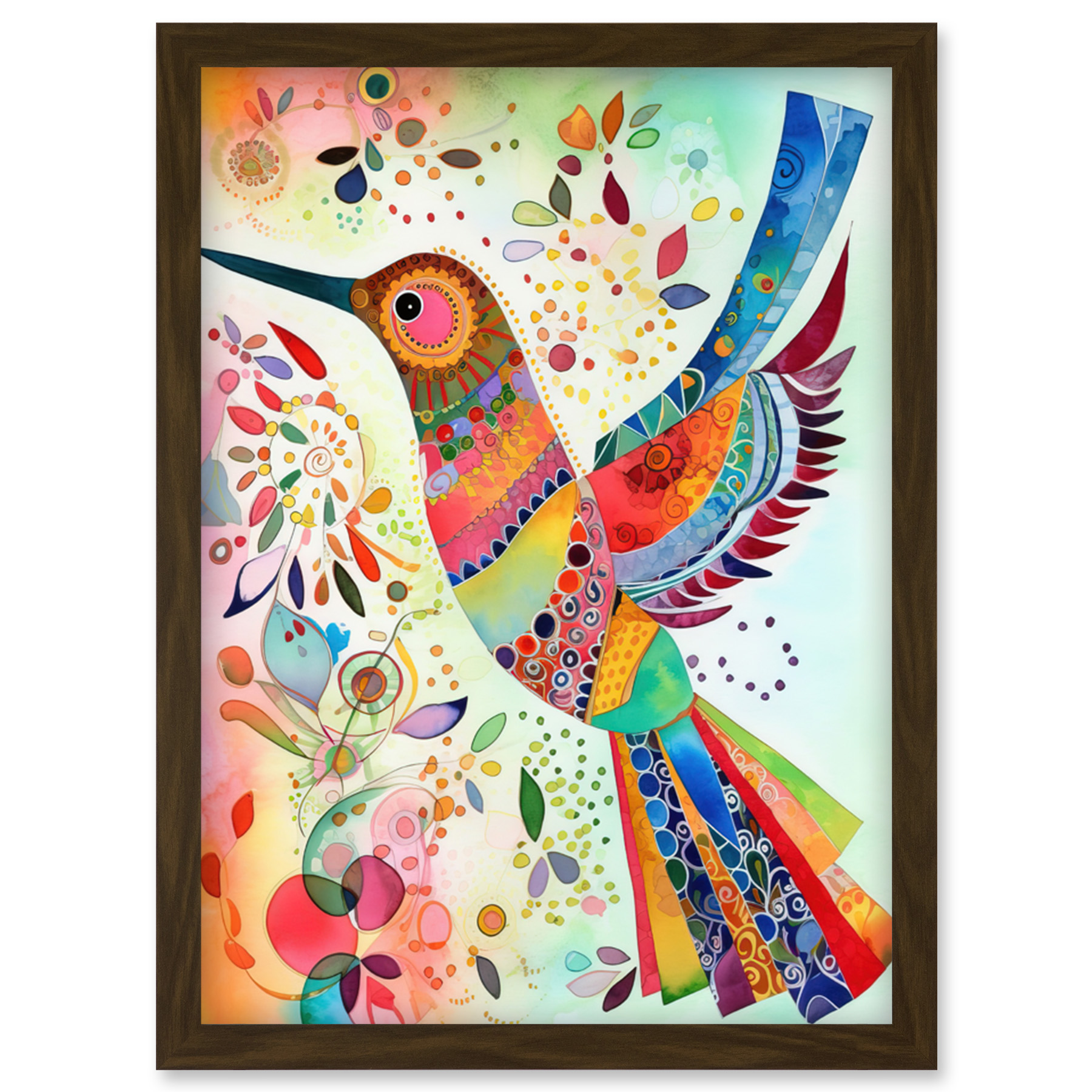Hummingbird Multicolour Pattern Feathers Folk Art Framed Art Picture Print A4