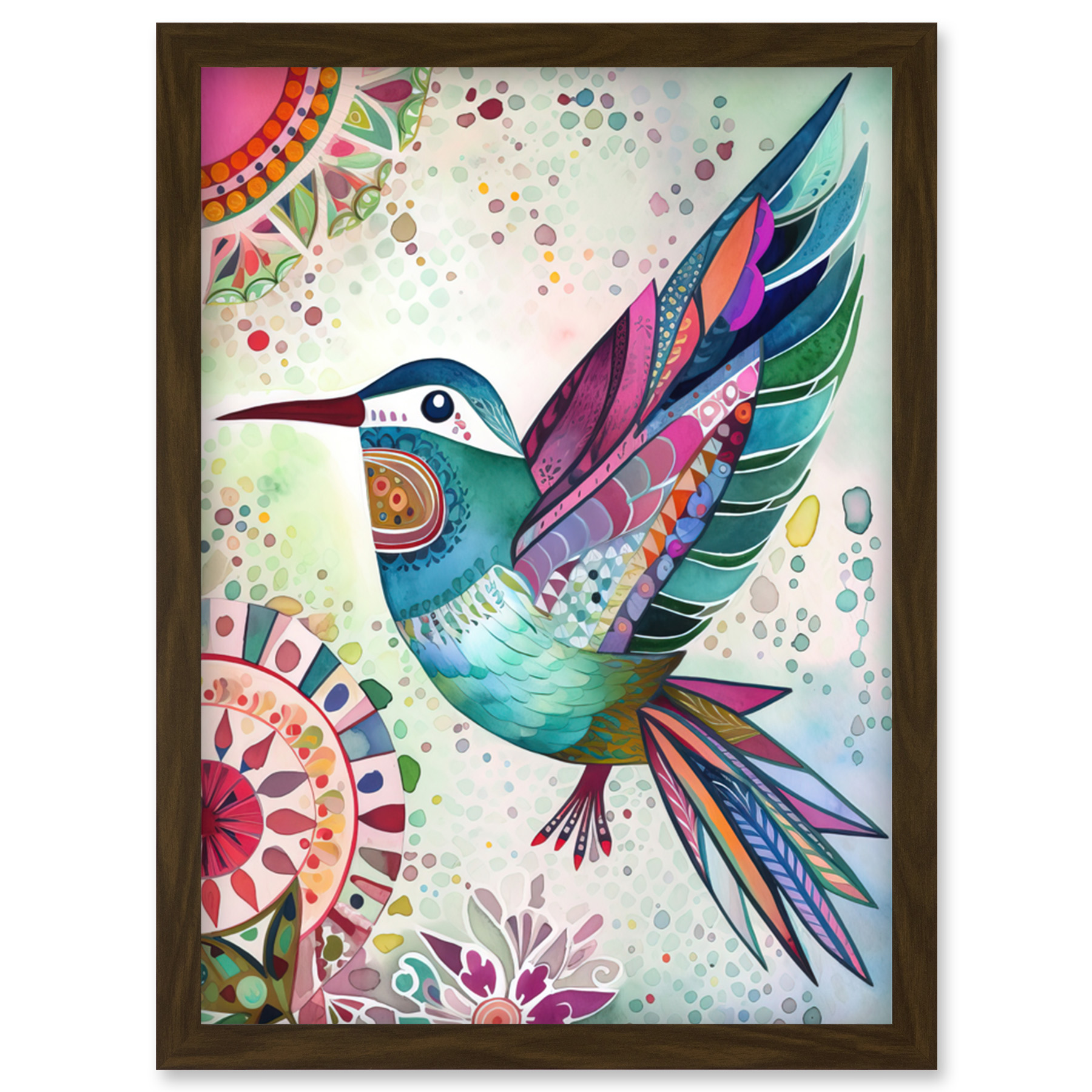 Hummingbird Multicolour Mandala Patterns Folk Art Framed Art Picture Print A4