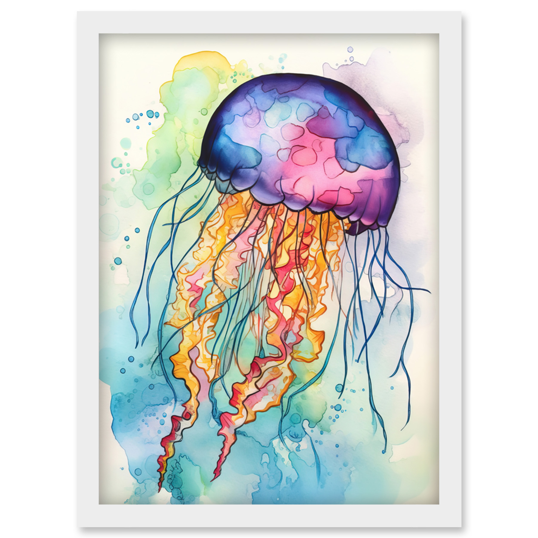 Jellyfish Swimming Modern Folk Art Watercolour Framed Wall Art Picture Print A4