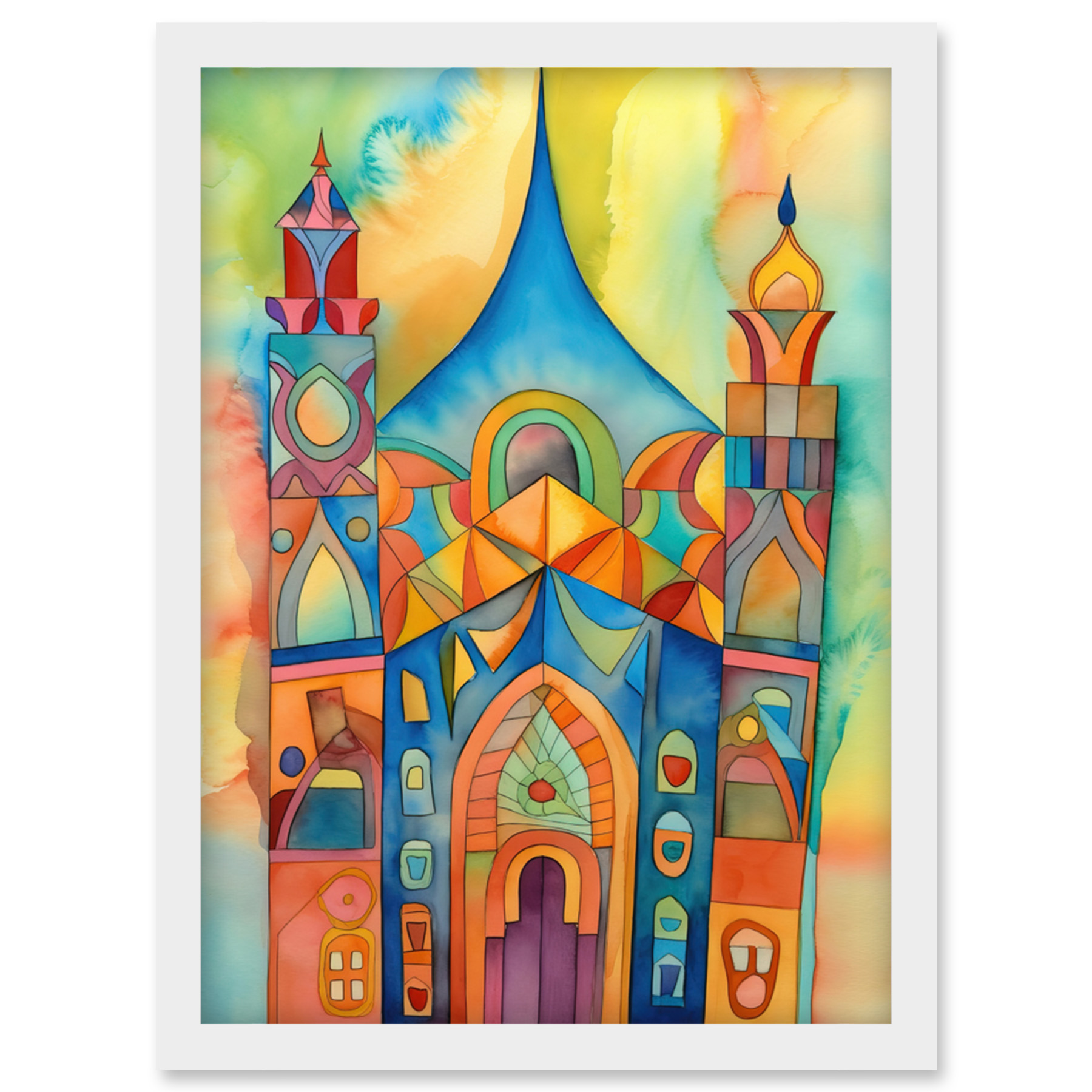 Jewish Synagogue Building Modern Folk Art Framed Wall Art Picture Print A4