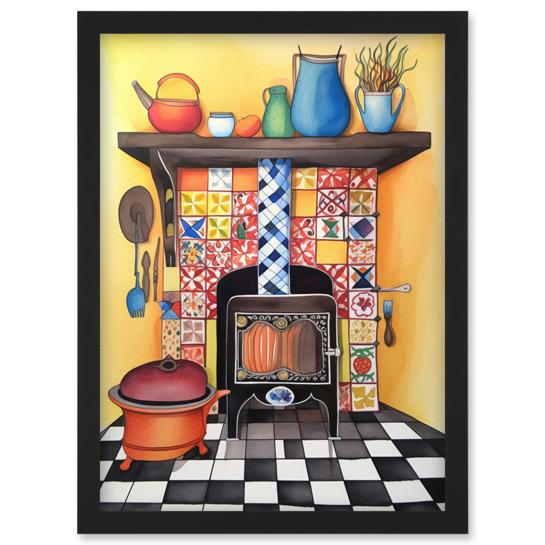 Kitchen Hearth Fireplace Multicoloured Tiles Framed Wall Art Picture Print A4