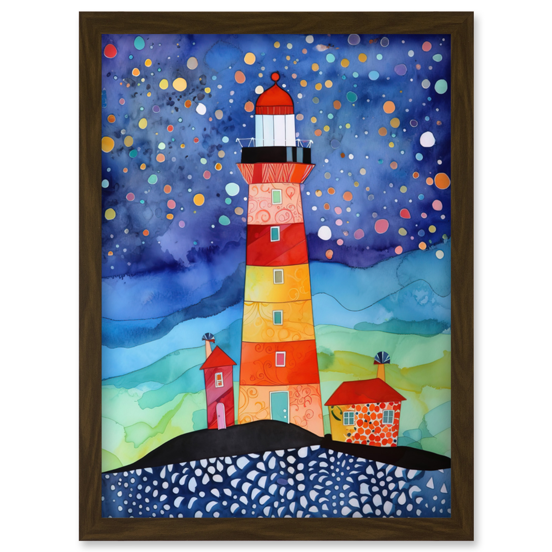 Lighthouse On Starry Night Modern Folk Art Framed Wall Art Picture Print A4