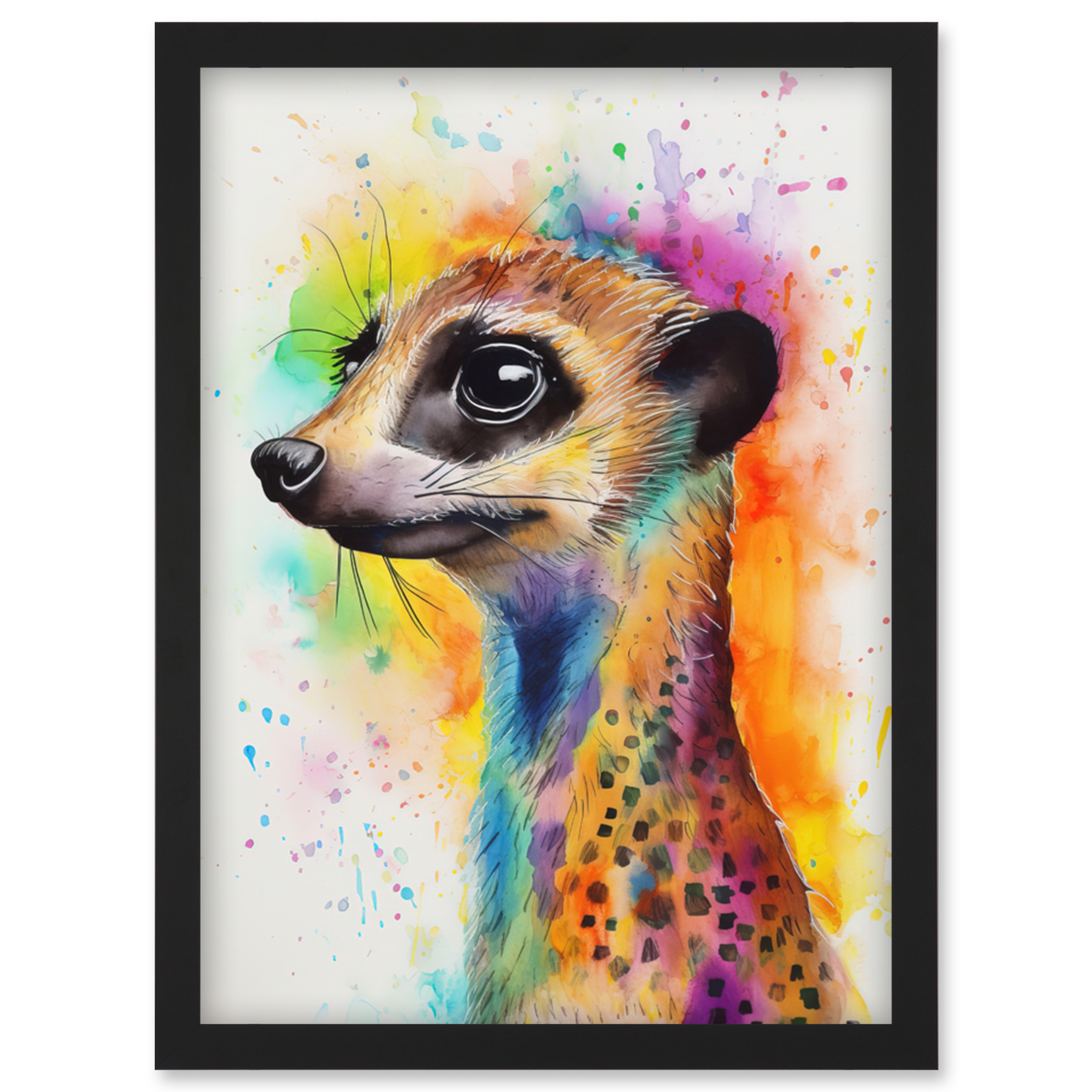 Meerkat Multicoloured Portrait Modern Watercolour Framed Art Picture Print A4