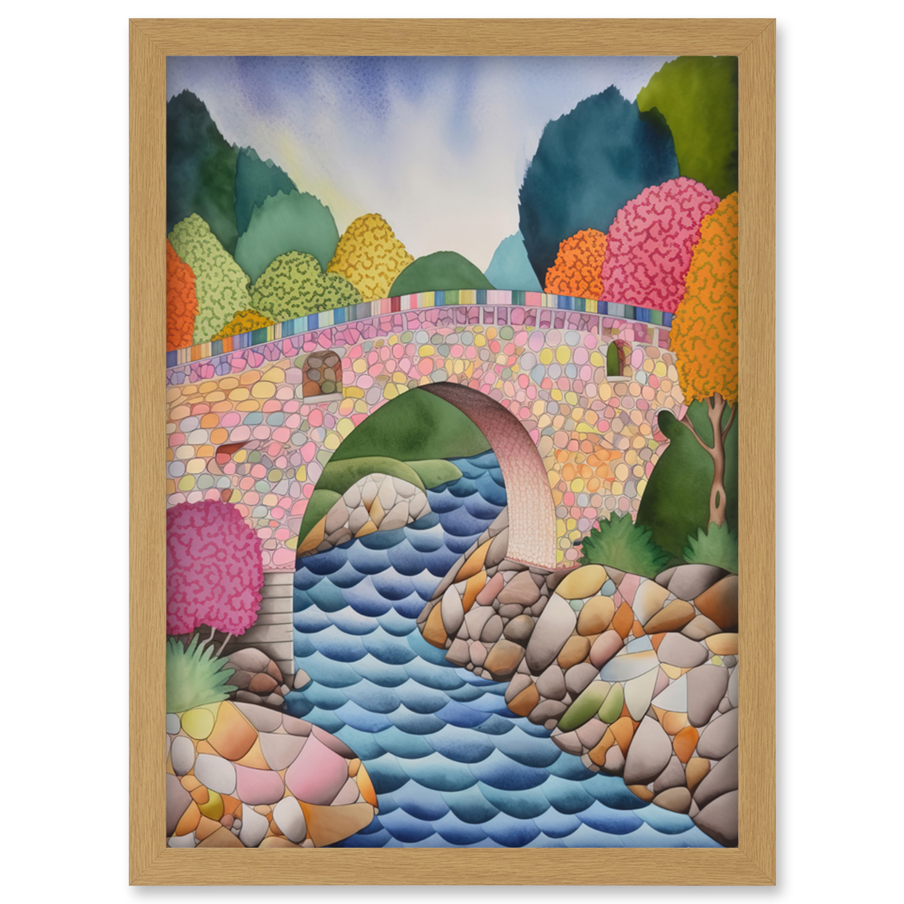 Modern Folk Art Countryside Bridge Framed Wall Art Picture Print A4