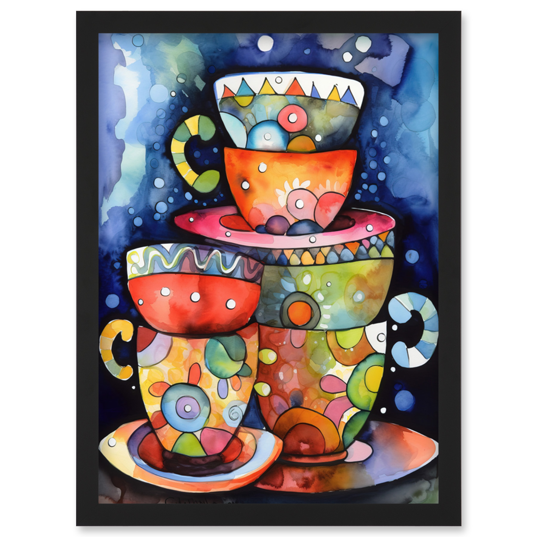 Kitchen Folk Art Mugs And Cups Framed Wall Art Picture Print A4