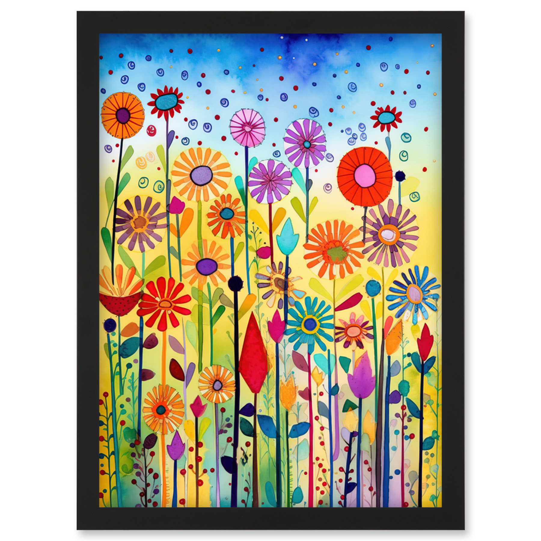 Tall Mixed Flowers Modern Folk Art Watercolour Framed Wall Art Picture Print A4