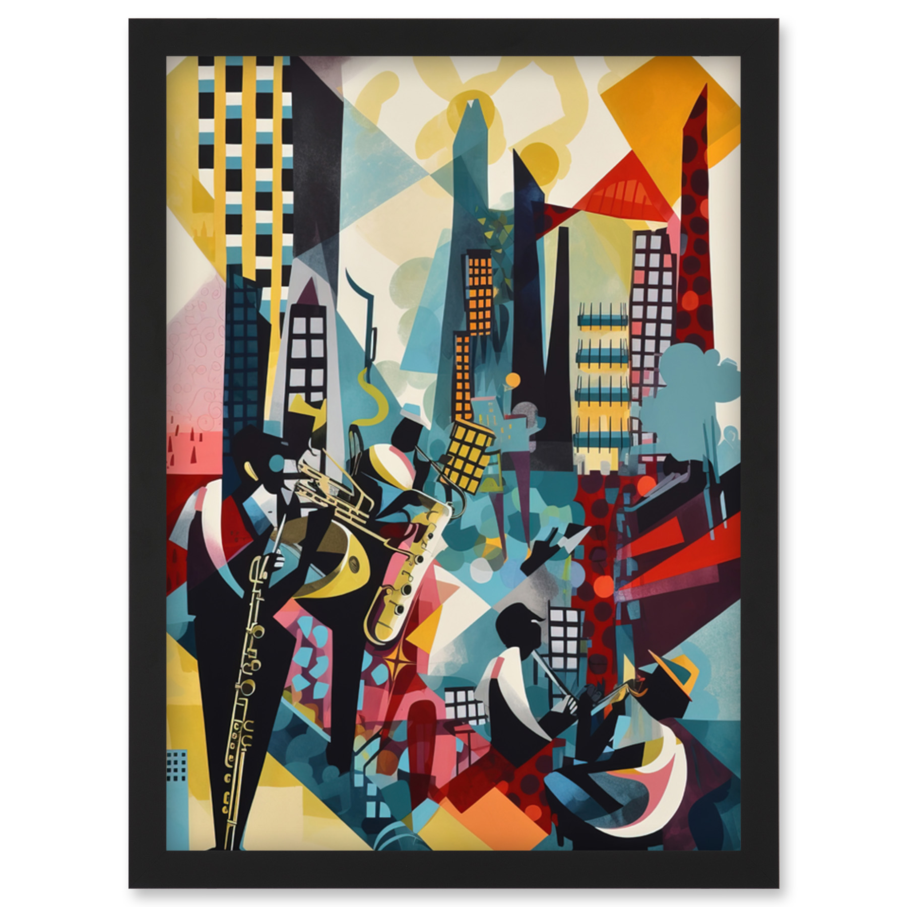 Jazz Musiker Stadt Landschaft Dach Abstrakt Gerahmt Wandbild Bild Druck A4 - Bild 2 von 31
