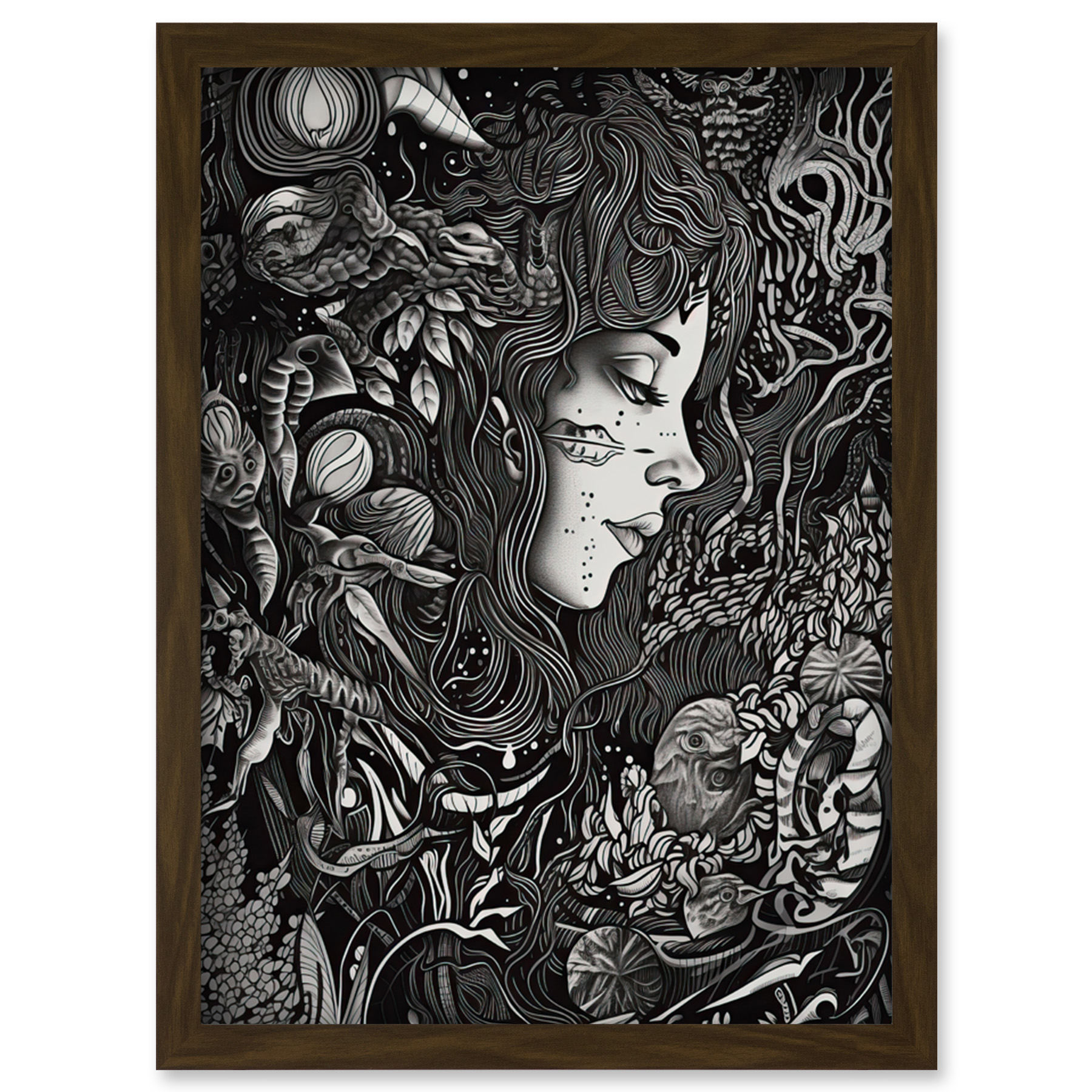 Nature Goddess Black and White Modern Illustration Framed Art Picture Print A4